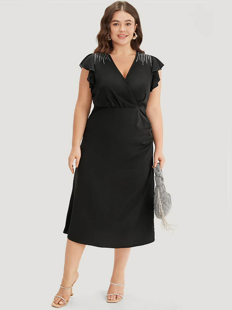 Sequin Surplice Neck Ruffle Trim Zipper Dress - Image 4