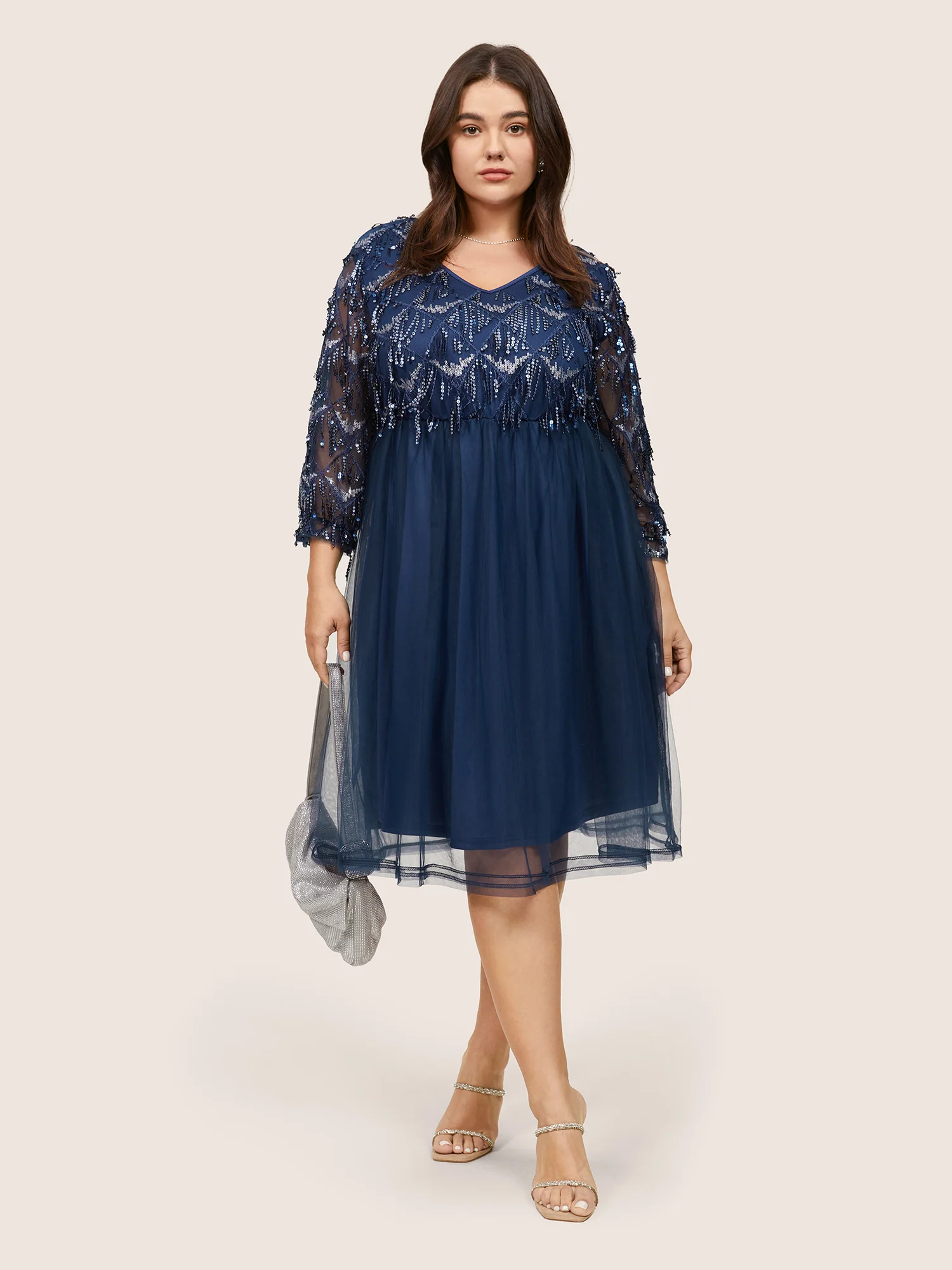 Sequin Tassels Plisse Patchwork Mesh Knee Dress - Image 3