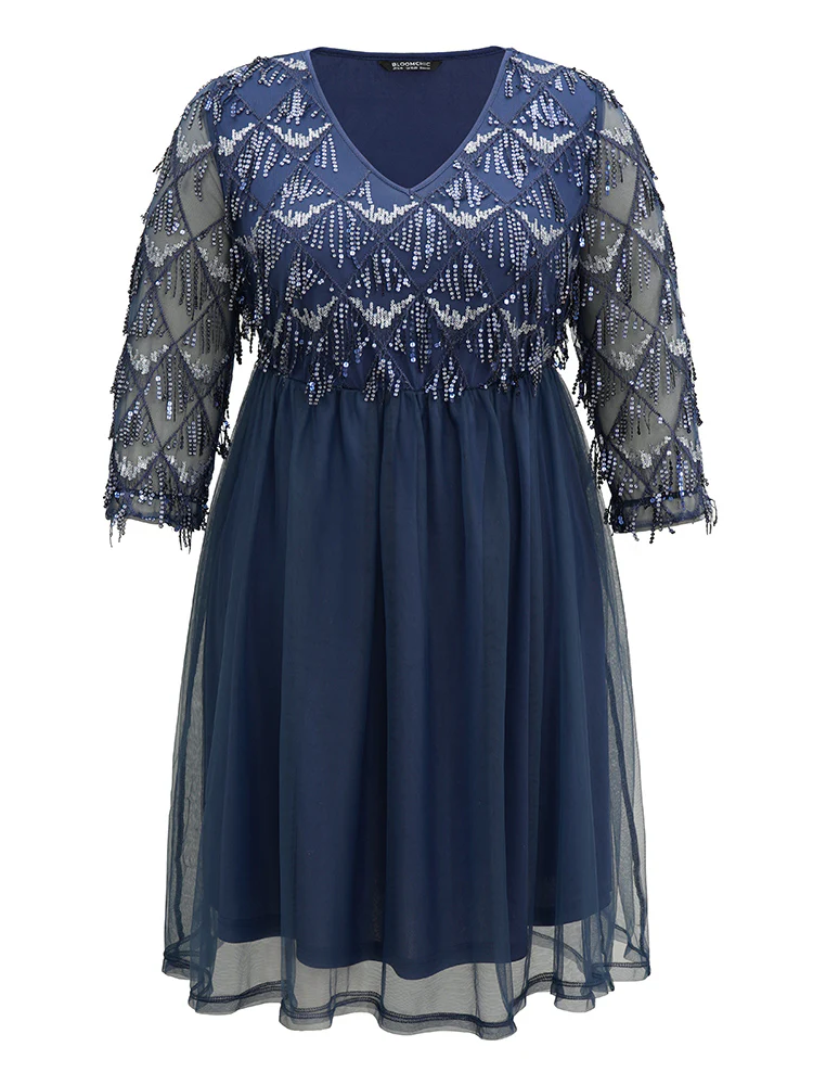 Sequin Tassels Plisse Patchwork Mesh Knee Dress - Image 5