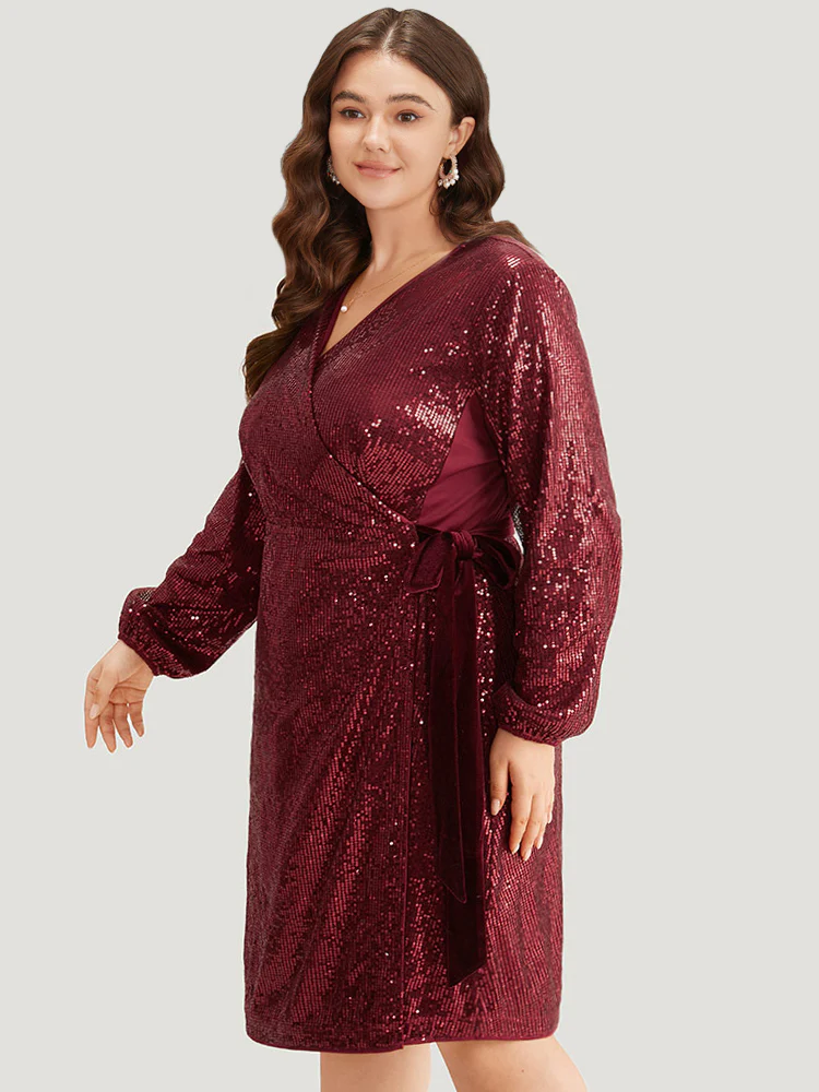 Sequin Ties Side Surplice Neck Lantern Sleeve Dress - Image 2