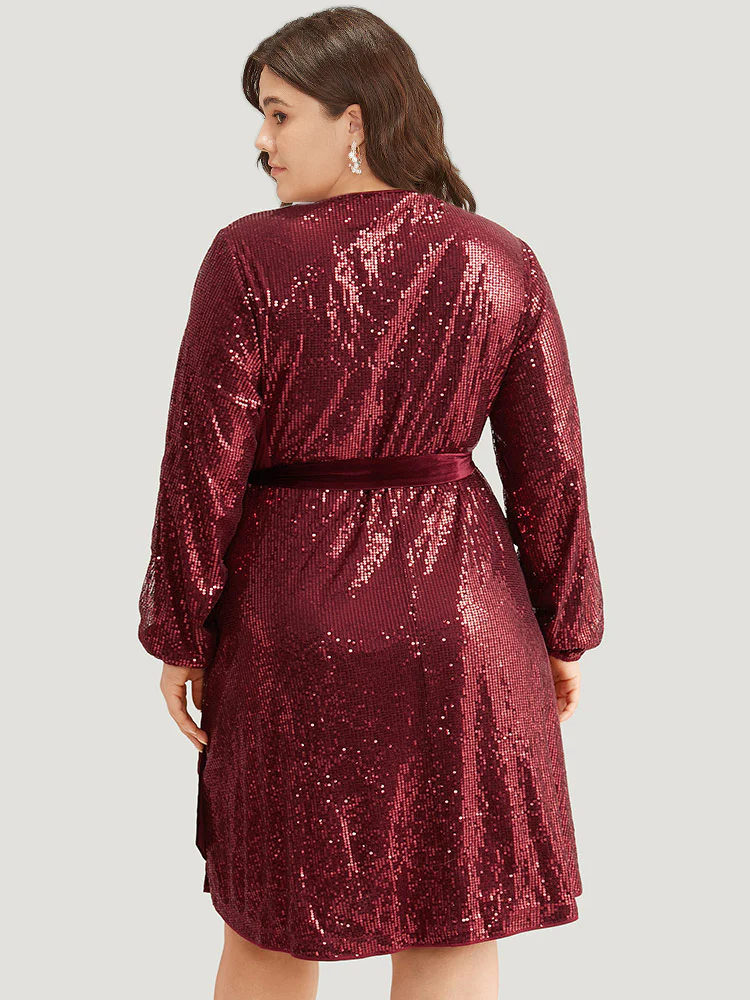 Sequin Ties Side Surplice Neck Lantern Sleeve Dress - Image 3