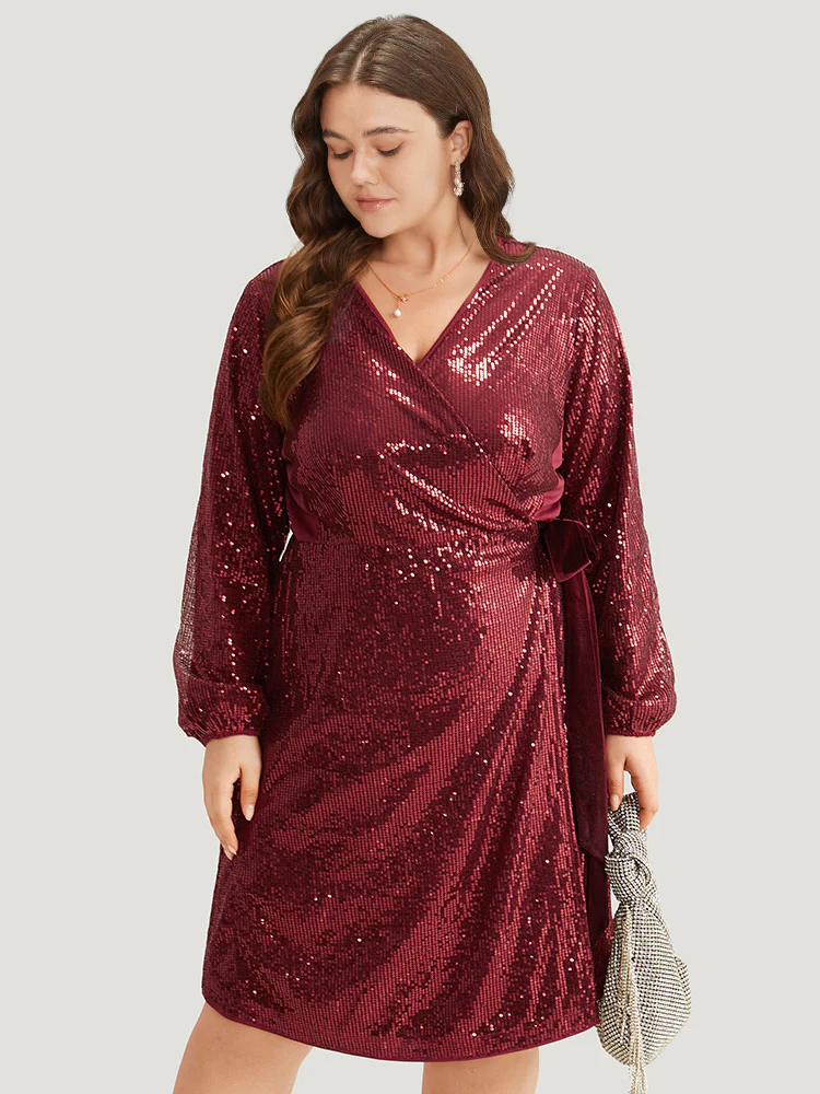 Sequin Ties Side Surplice Neck Lantern Sleeve Dress - Image 5