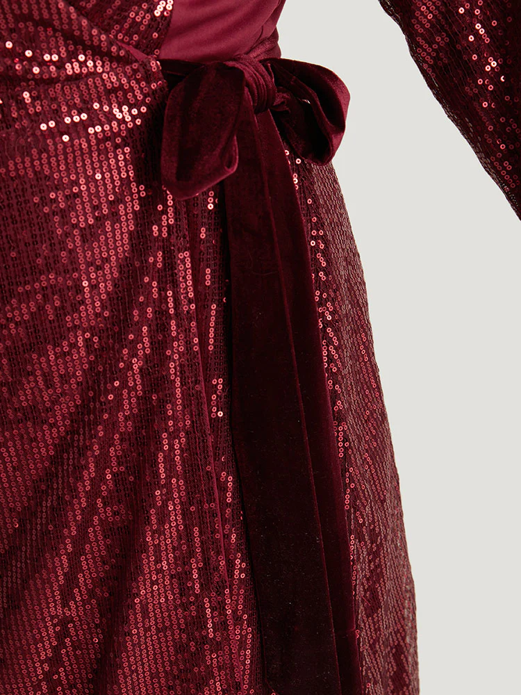 Sequin Ties Side Surplice Neck Lantern Sleeve Dress - Image 6