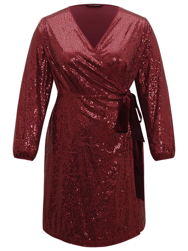 Sequin Ties Side Surplice Neck Lantern Sleeve Dress - Image 7
