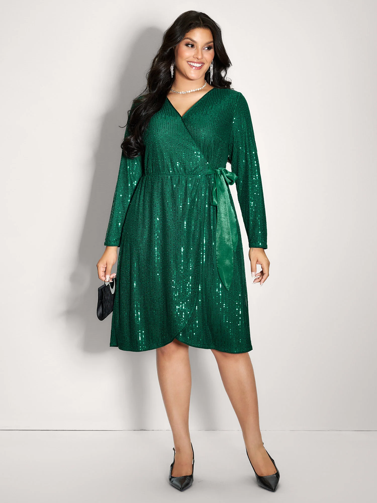Sequin Wrap Neck Spliced Midi Dress - Image 4