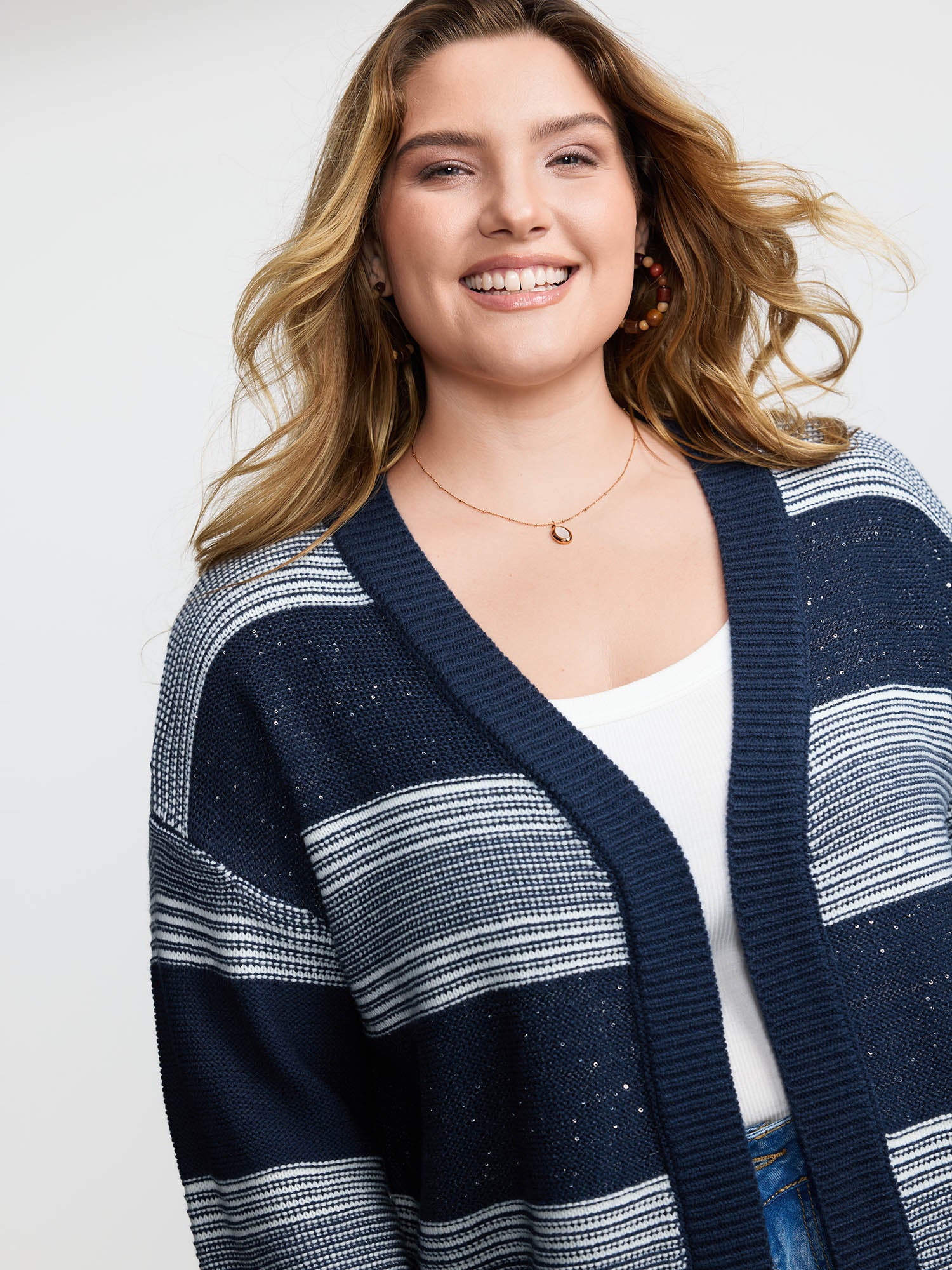 Sequin Yarn Color Stripe Knit Cardigan - Image 2