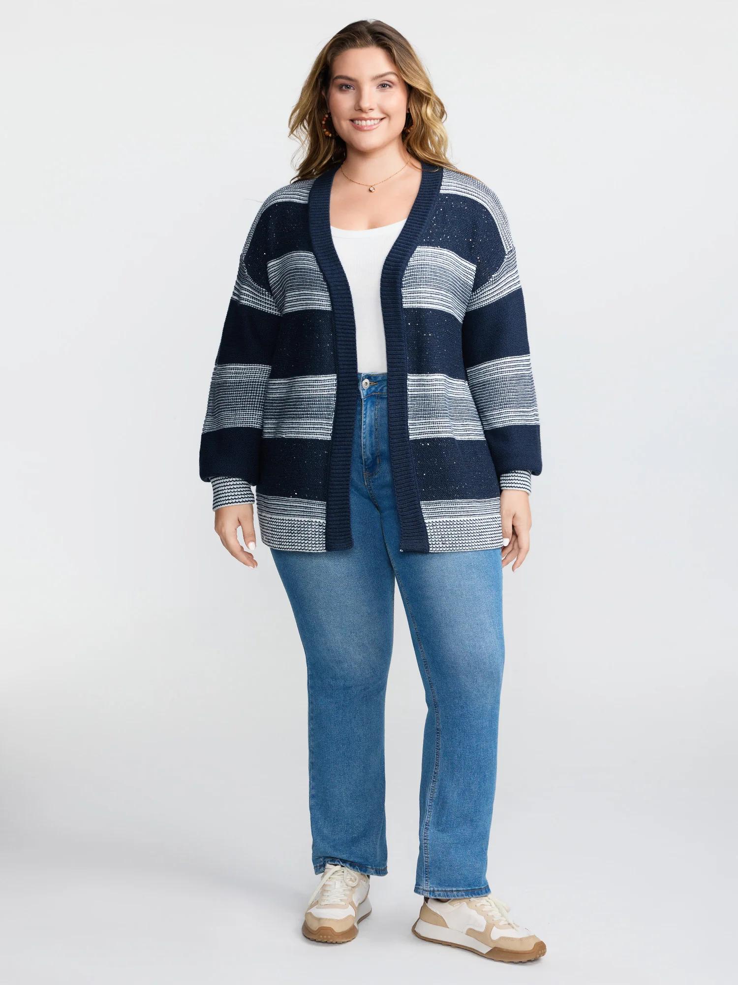 Sequin Yarn Color Stripe Knit Cardigan - Image 3
