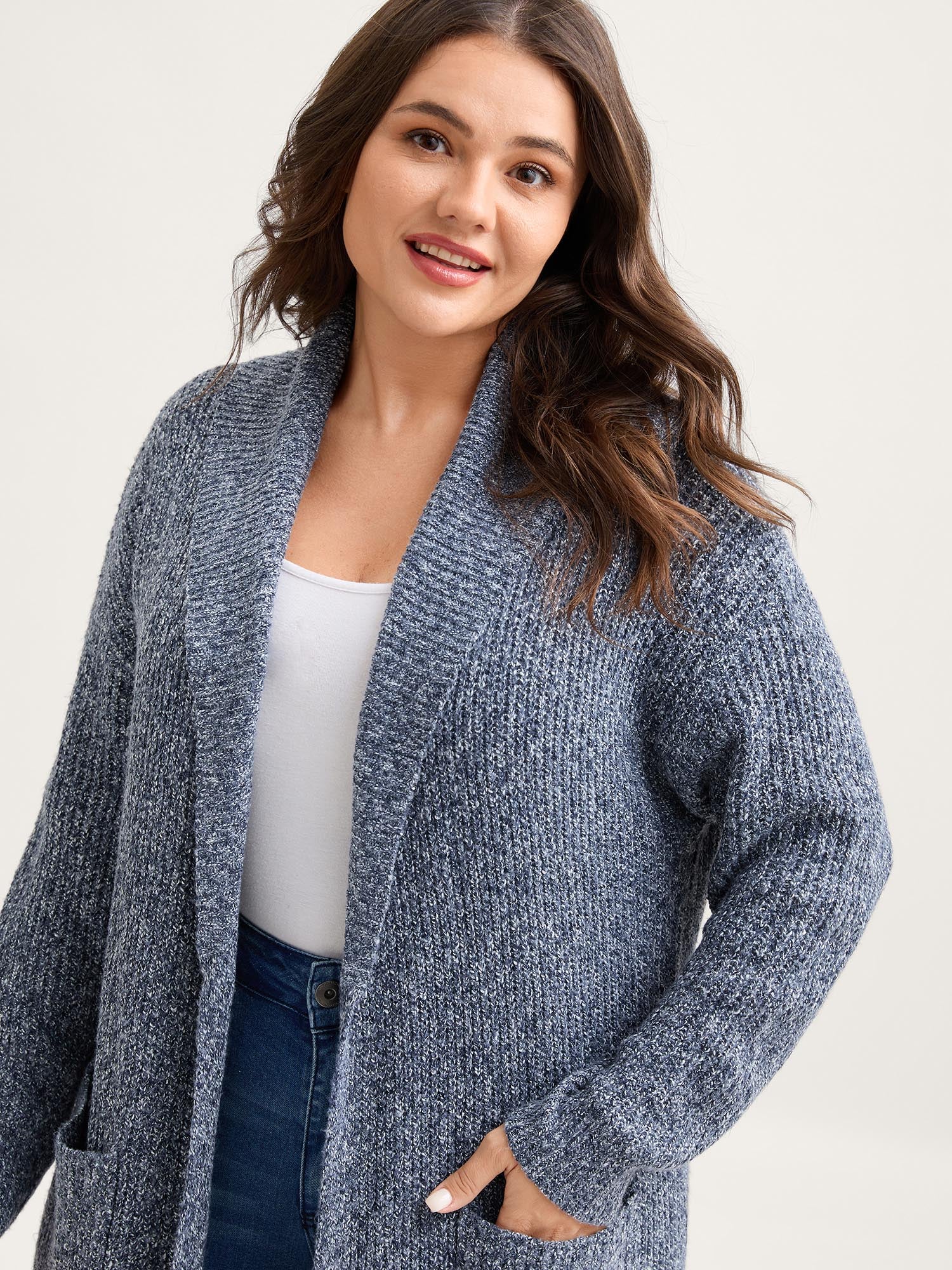Shawl Collar Heather Pocket Knit Cardigan - Image 2