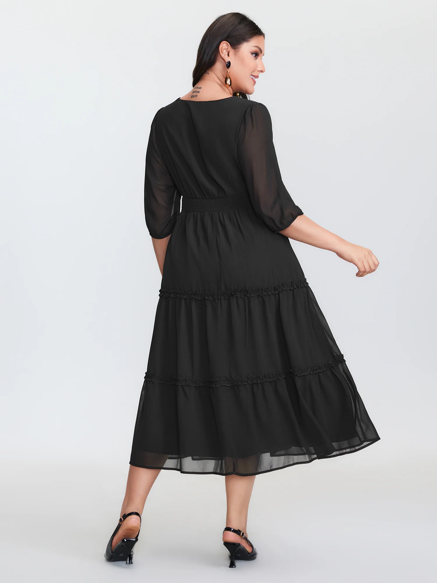 Sheer Chiffon Cinched Waist Tiered Maxi Dress - Image 4