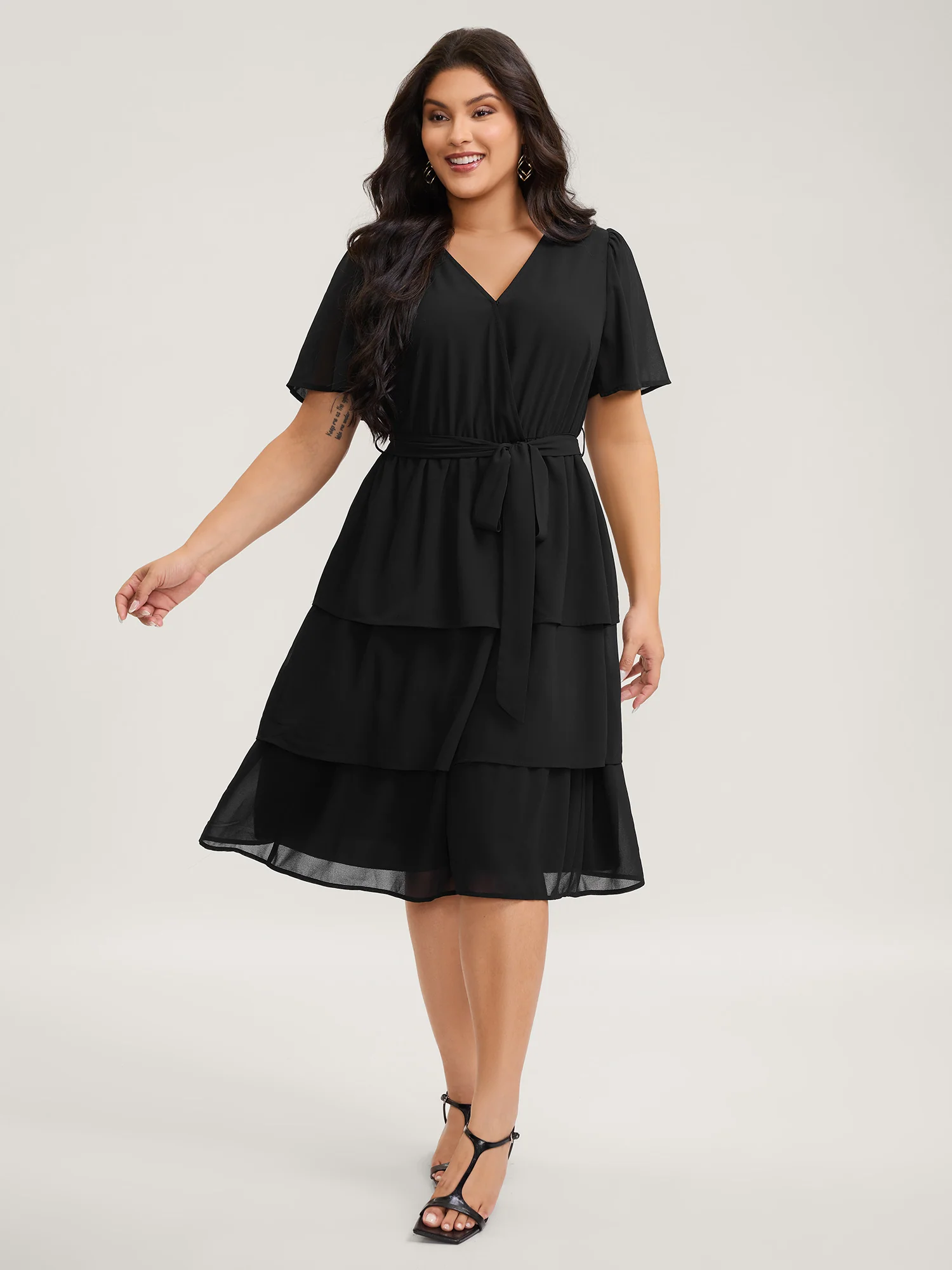 Sheer Chiffon Layered Skirt Belted Midi Dress - Image 3