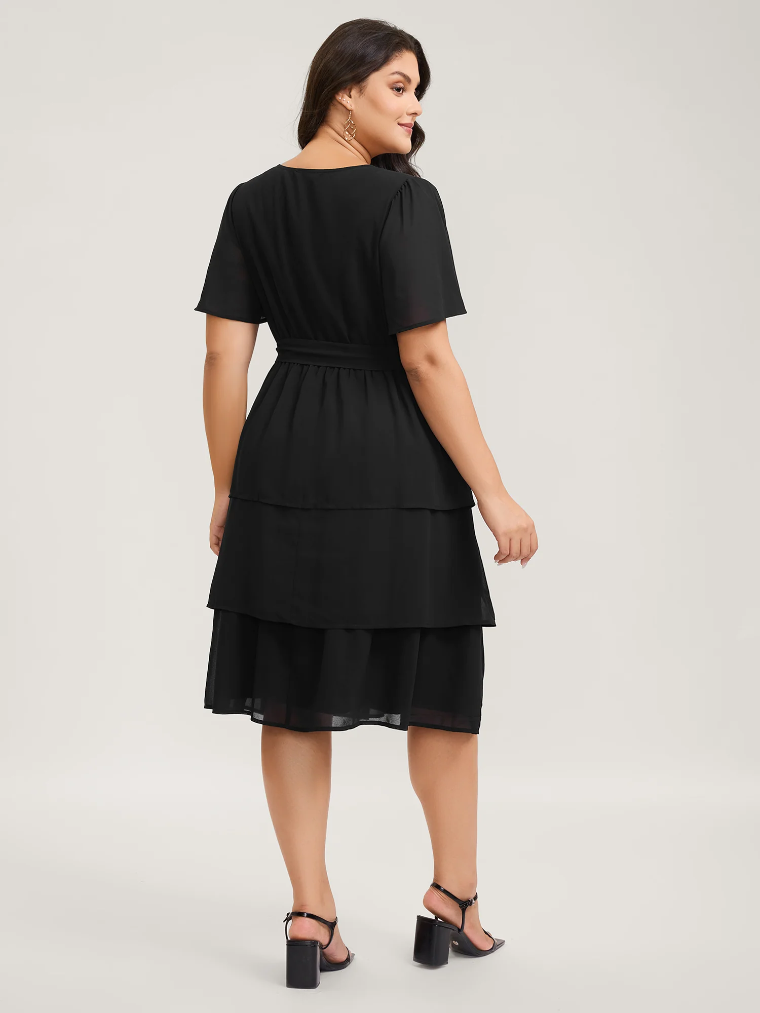 Sheer Chiffon Layered Skirt Belted Midi Dress - Image 4