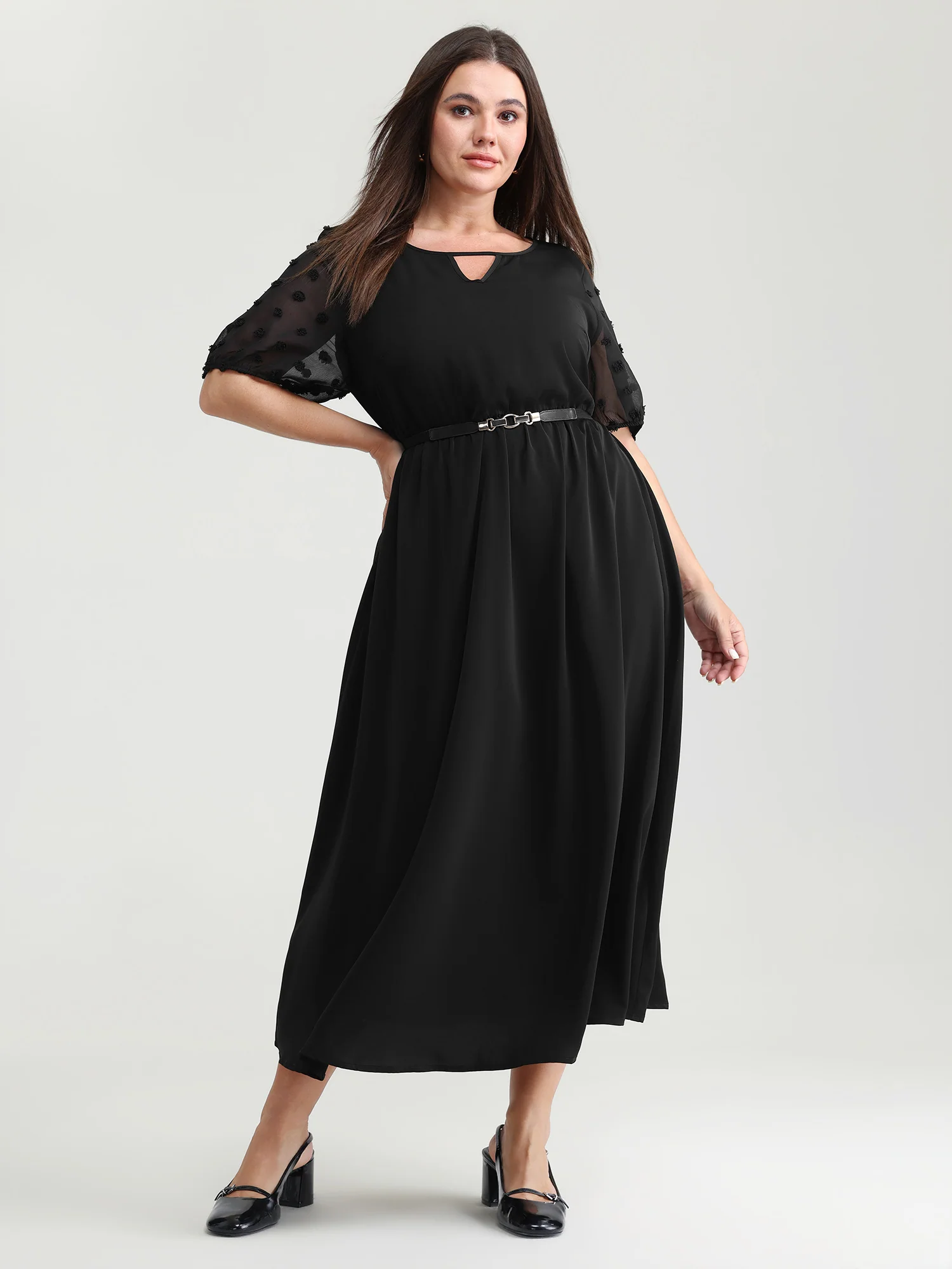 Sheer Chiffon Textured Waist-Defining Maxi Dress - Image 3
