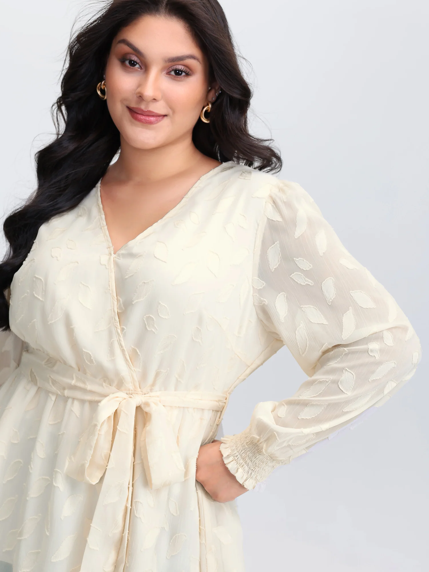 Sheer Chiffon Textured Waist-Tie Blouse - Image 2