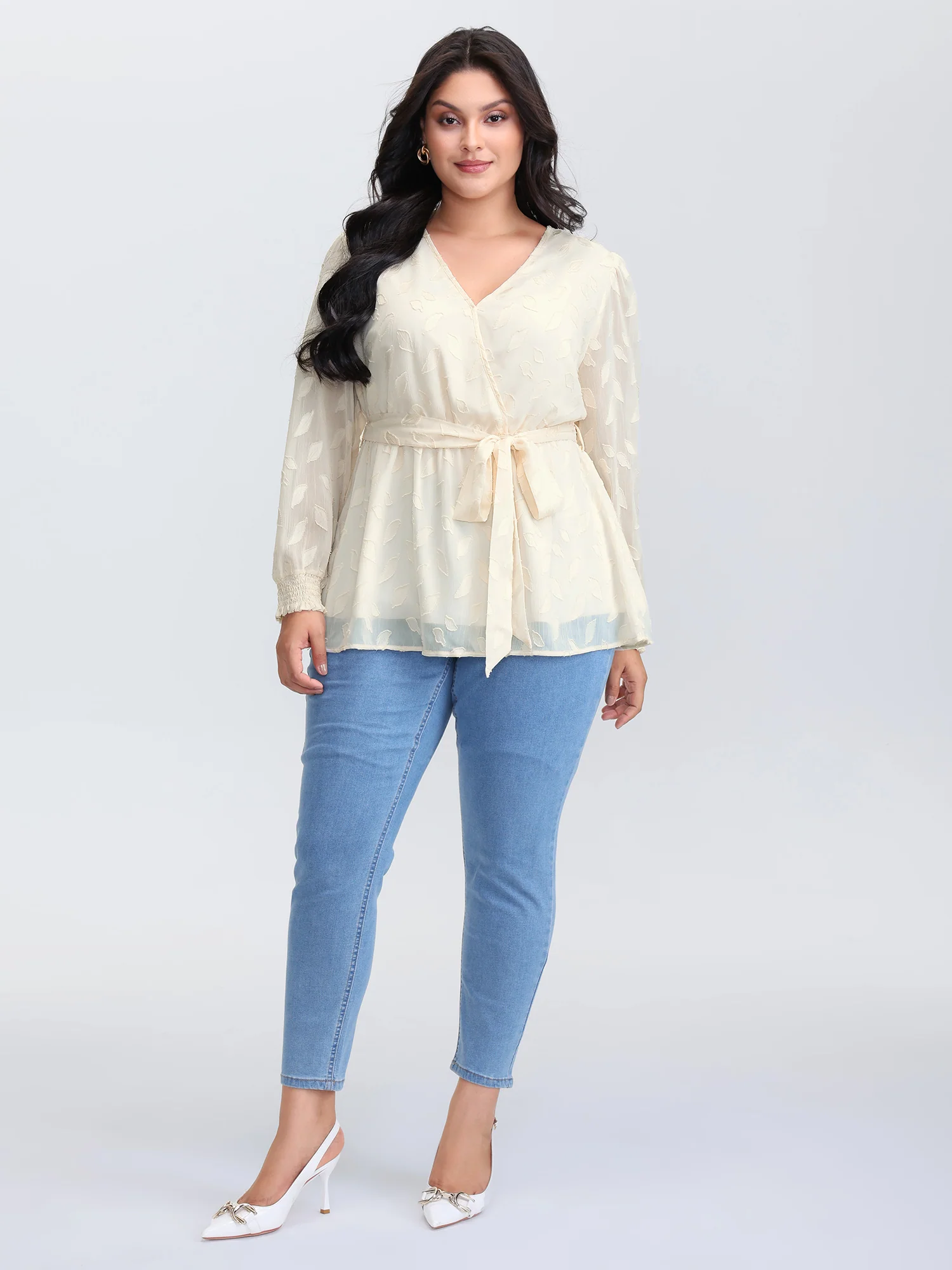Sheer Chiffon Textured Waist-Tie Blouse - Image 3