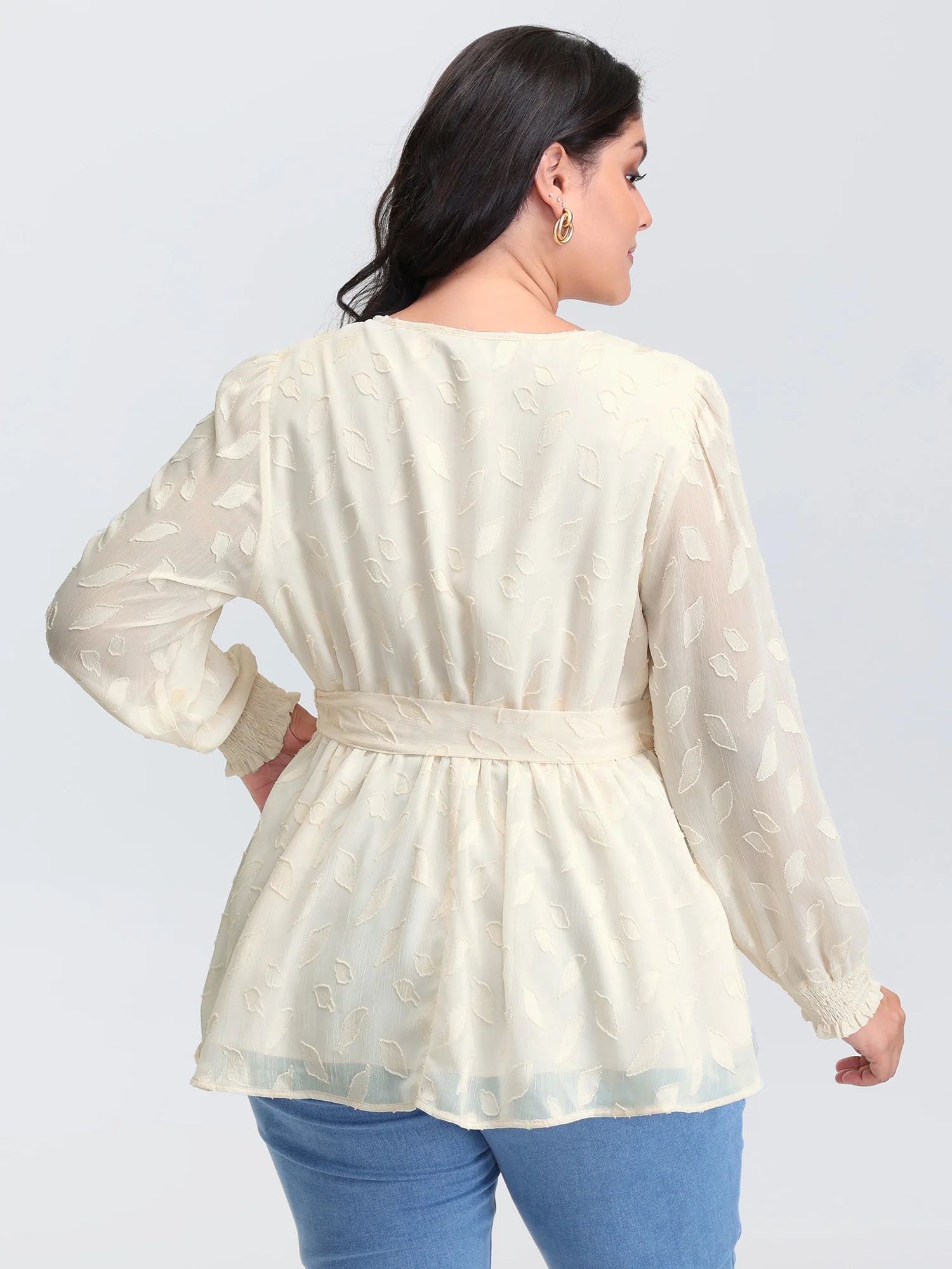 Sheer Chiffon Textured Waist-Tie Blouse - Image 4