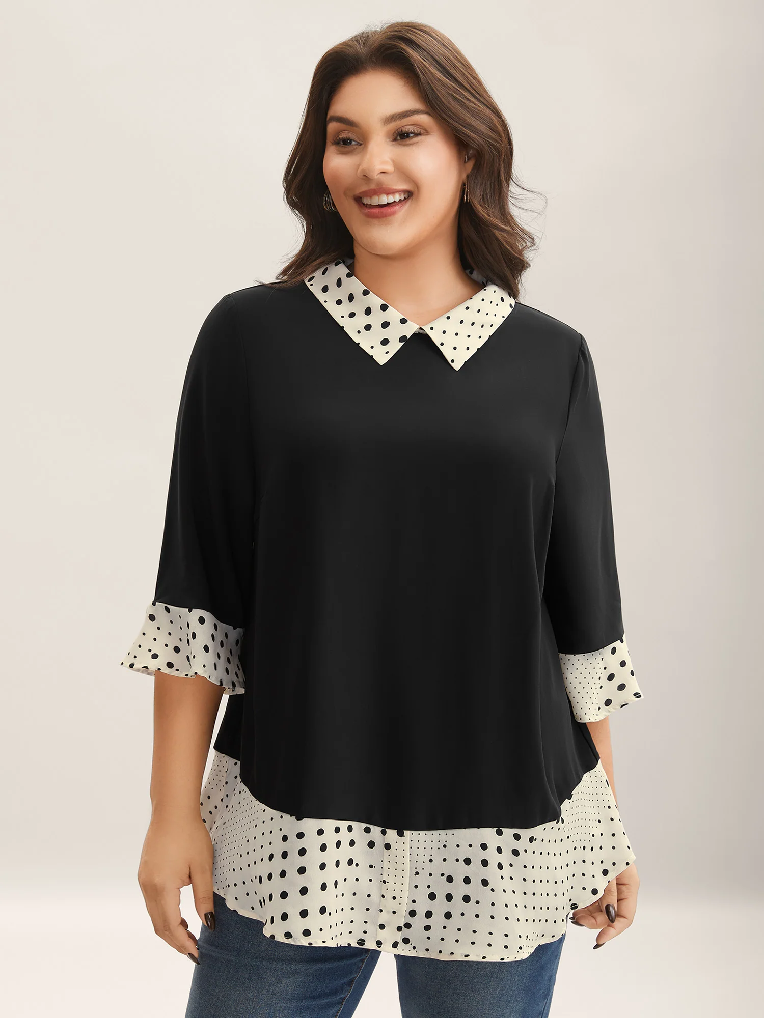 Sheer Color Contrast Spliced Collar Blouse