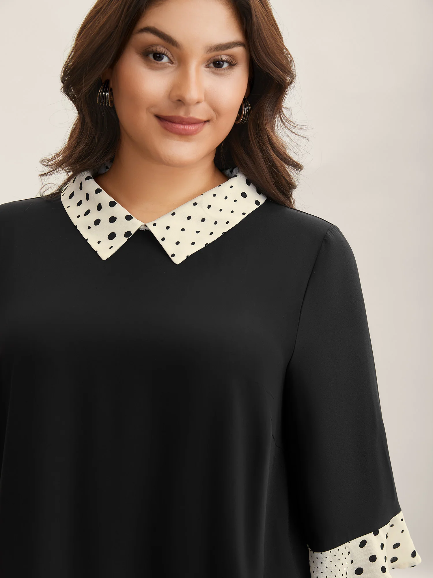 Sheer Color Contrast Spliced Collar Blouse - Image 2