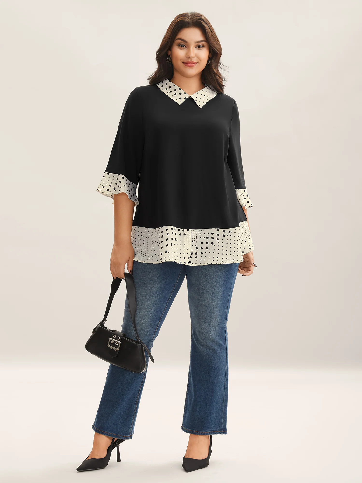Sheer Color Contrast Spliced Collar Blouse - Image 3