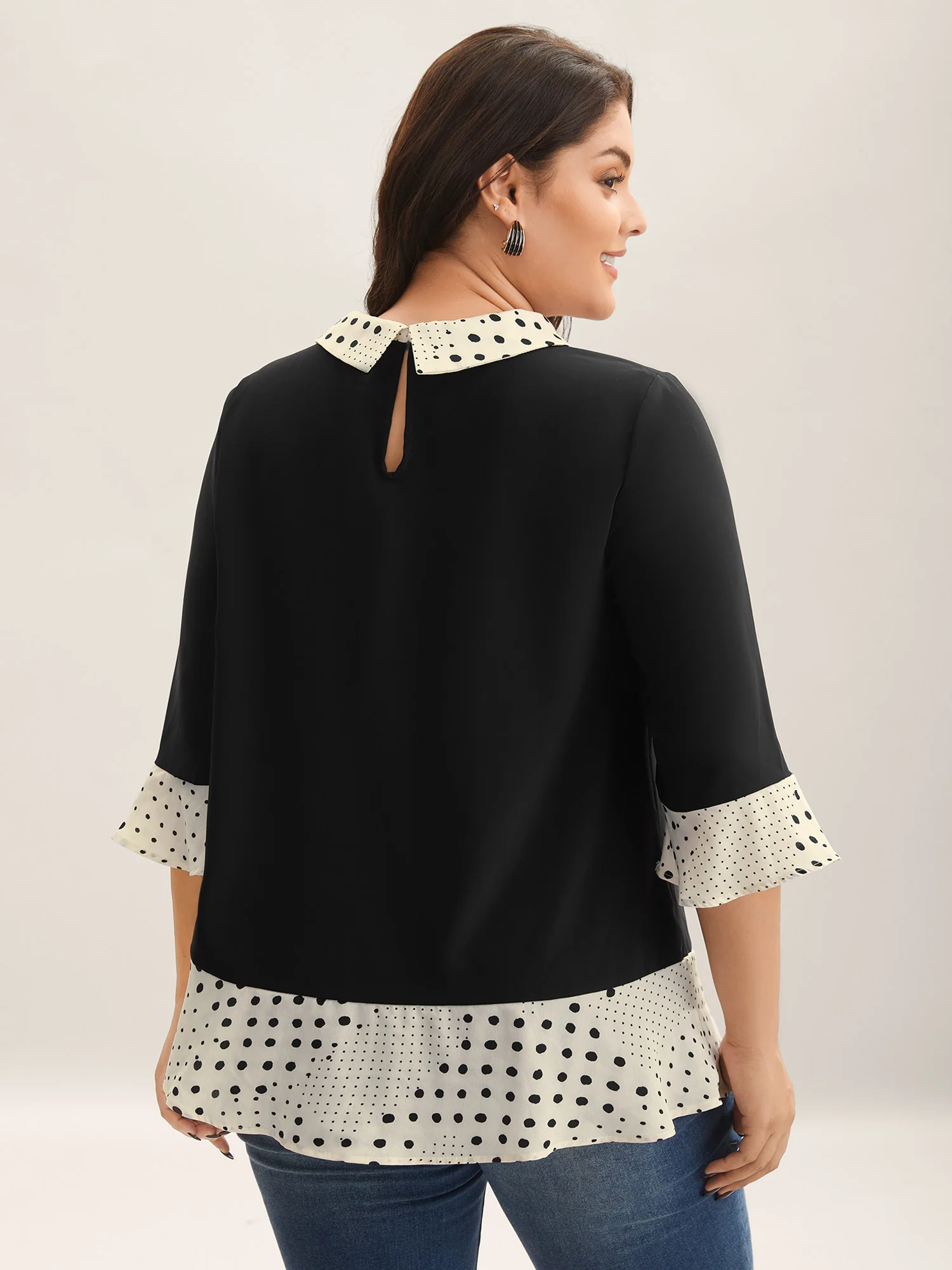 Sheer Color Contrast Spliced Collar Blouse - Image 4
