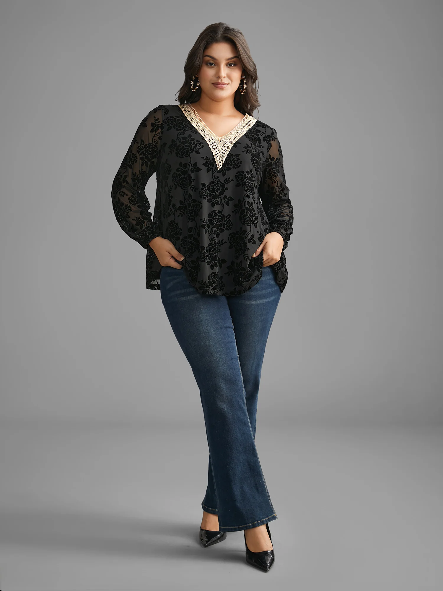 Sheer Flocked Lace Trim V-neck Blouse - Image 2
