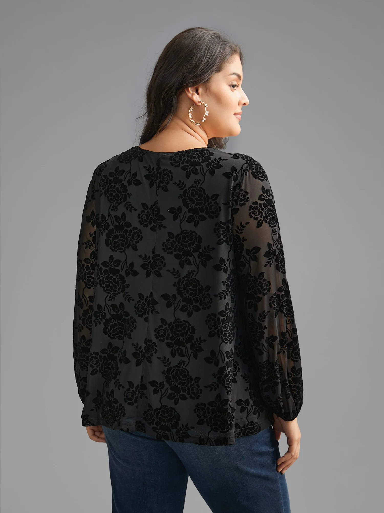 Sheer Flocked Lace Trim V-neck Blouse - Image 3