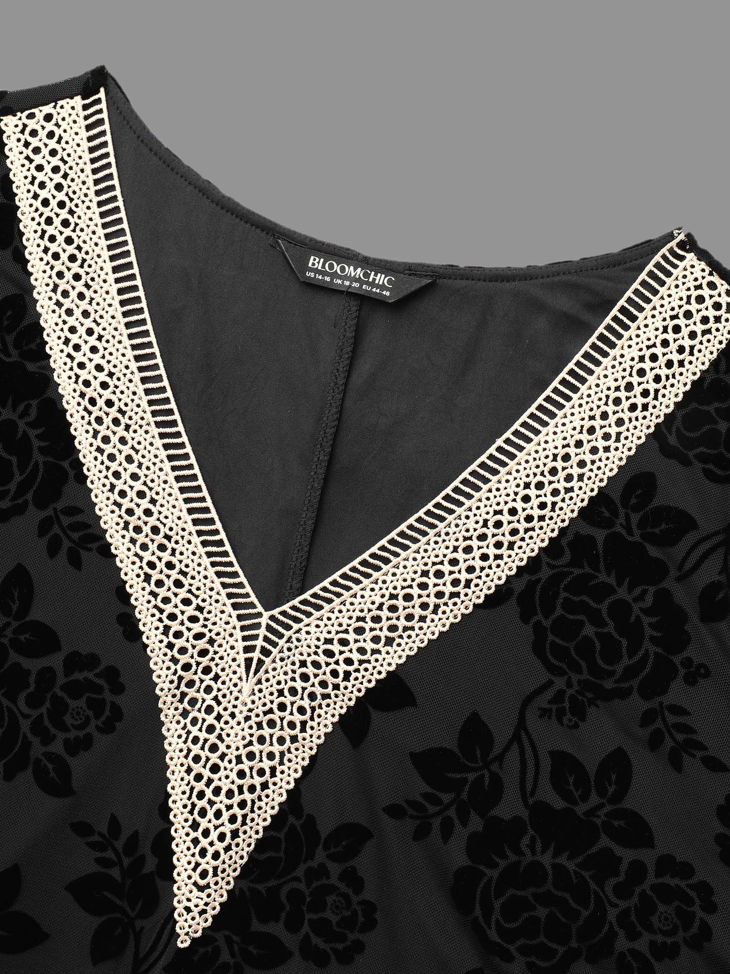 Sheer Flocked Lace Trim V-neck Blouse - Image 6