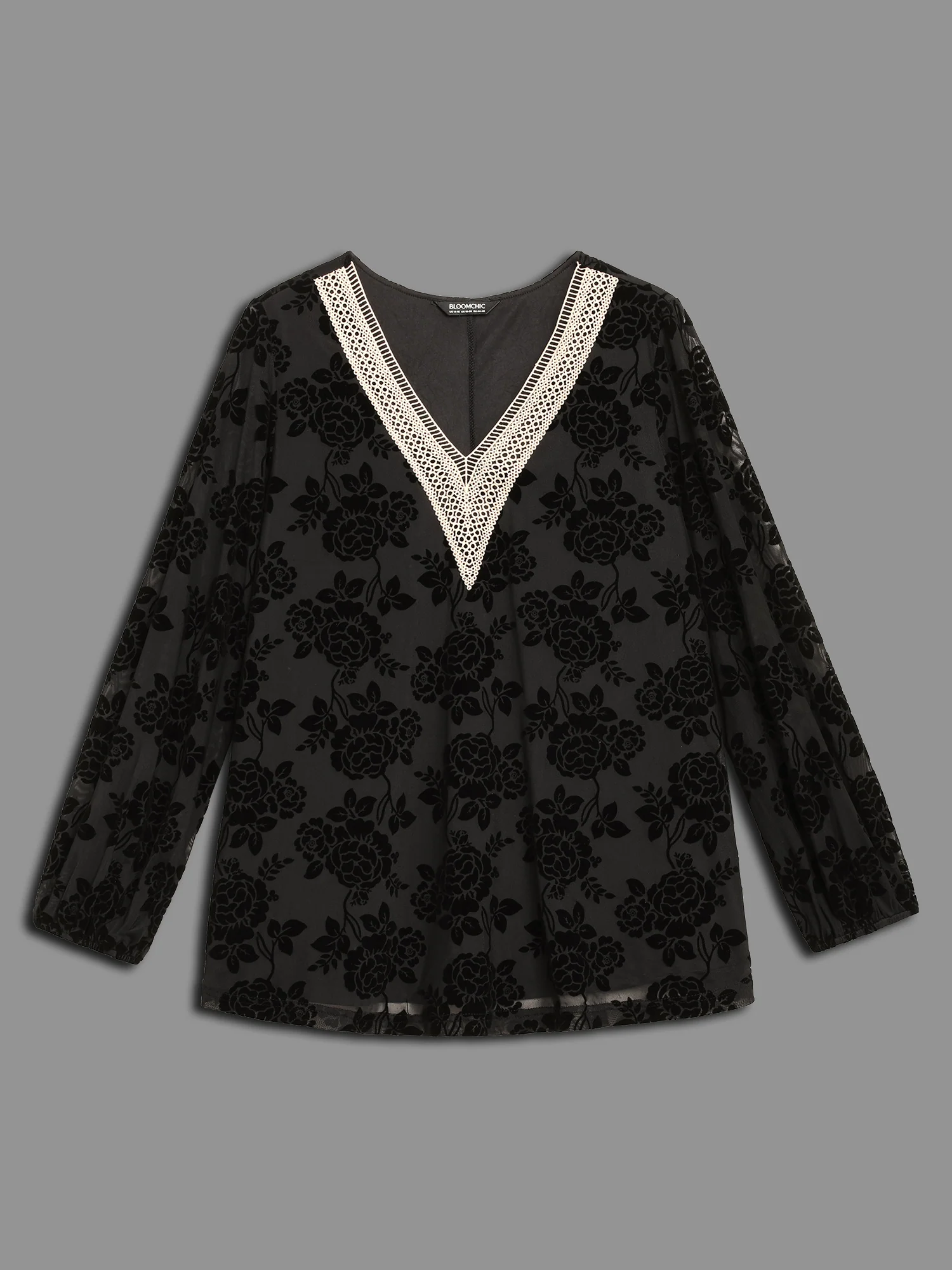 Sheer Flocked Lace Trim V-neck Blouse - Image 7
