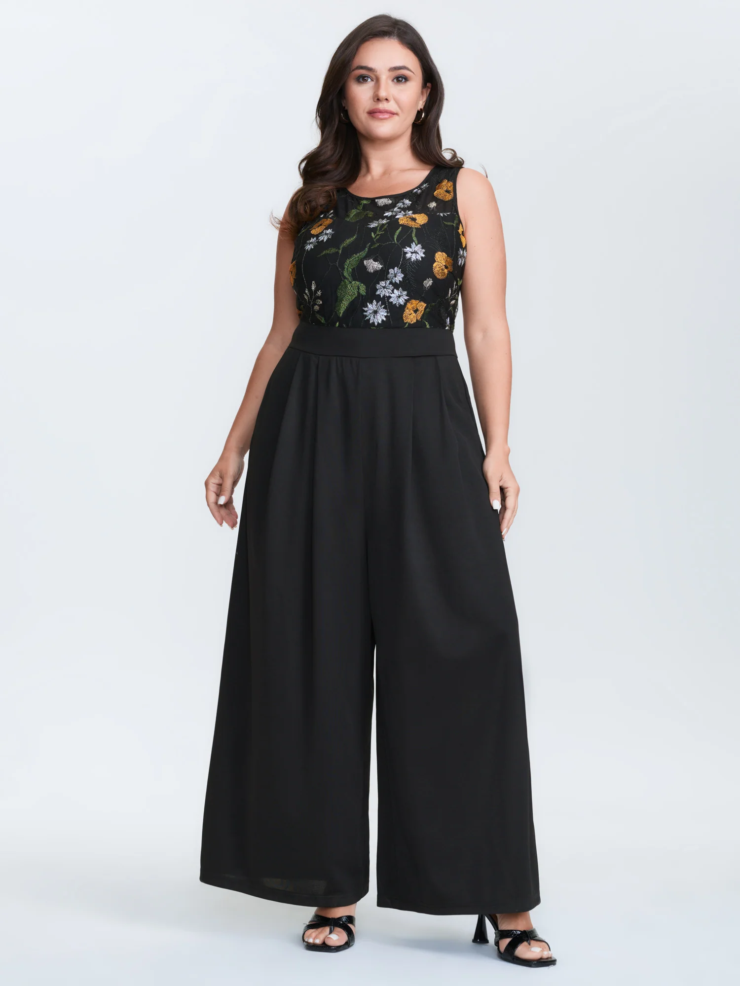 Sheer Floral Cinched Waist Contrast Jumpsuit - Image 3