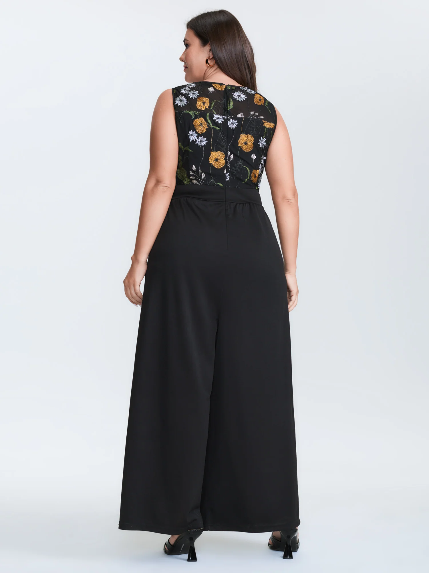 Sheer Floral Cinched Waist Contrast Jumpsuit - Image 4