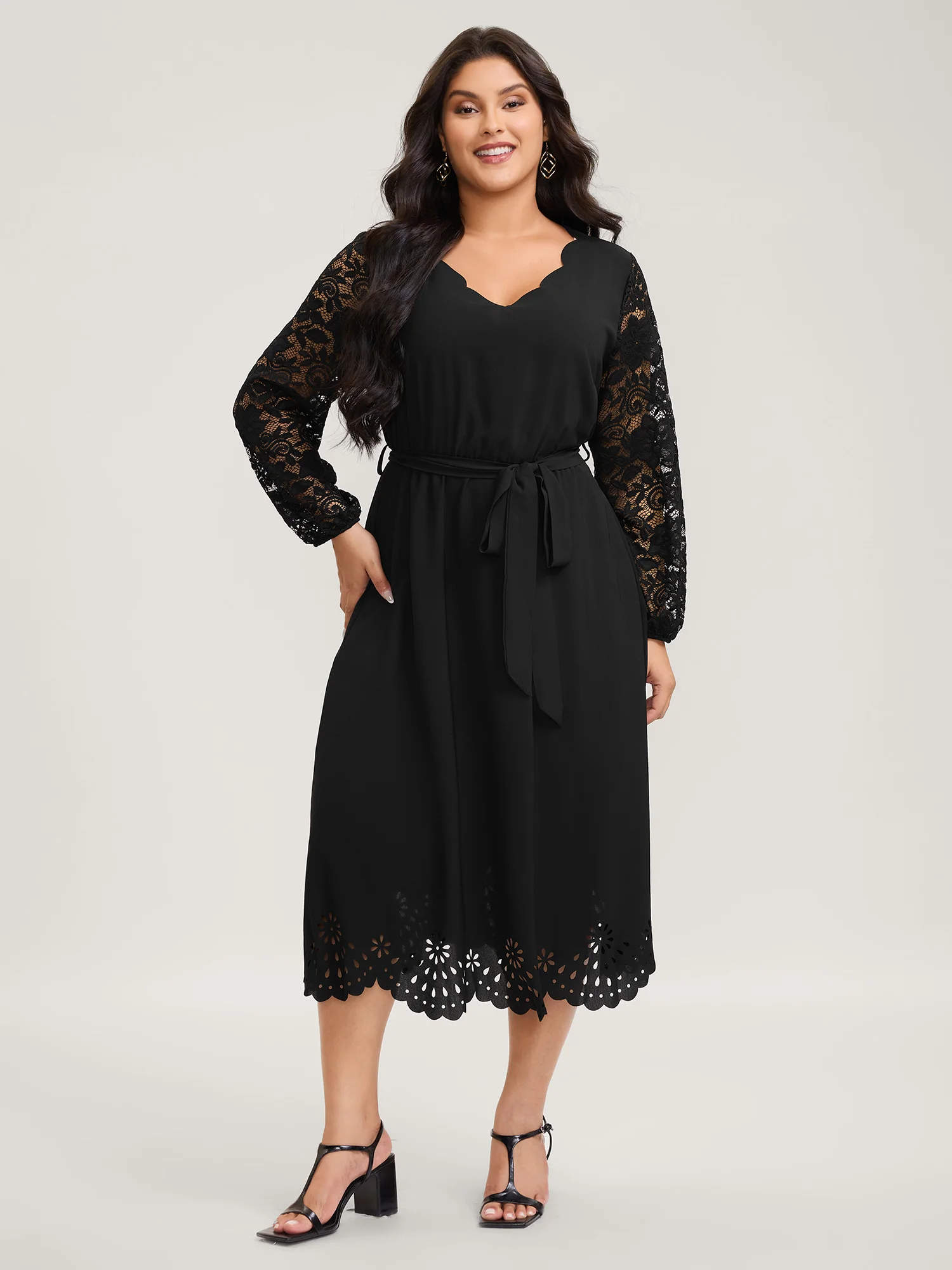 Sheer Floral Embroidered Scalloped Neck Midi Dress - Image 3