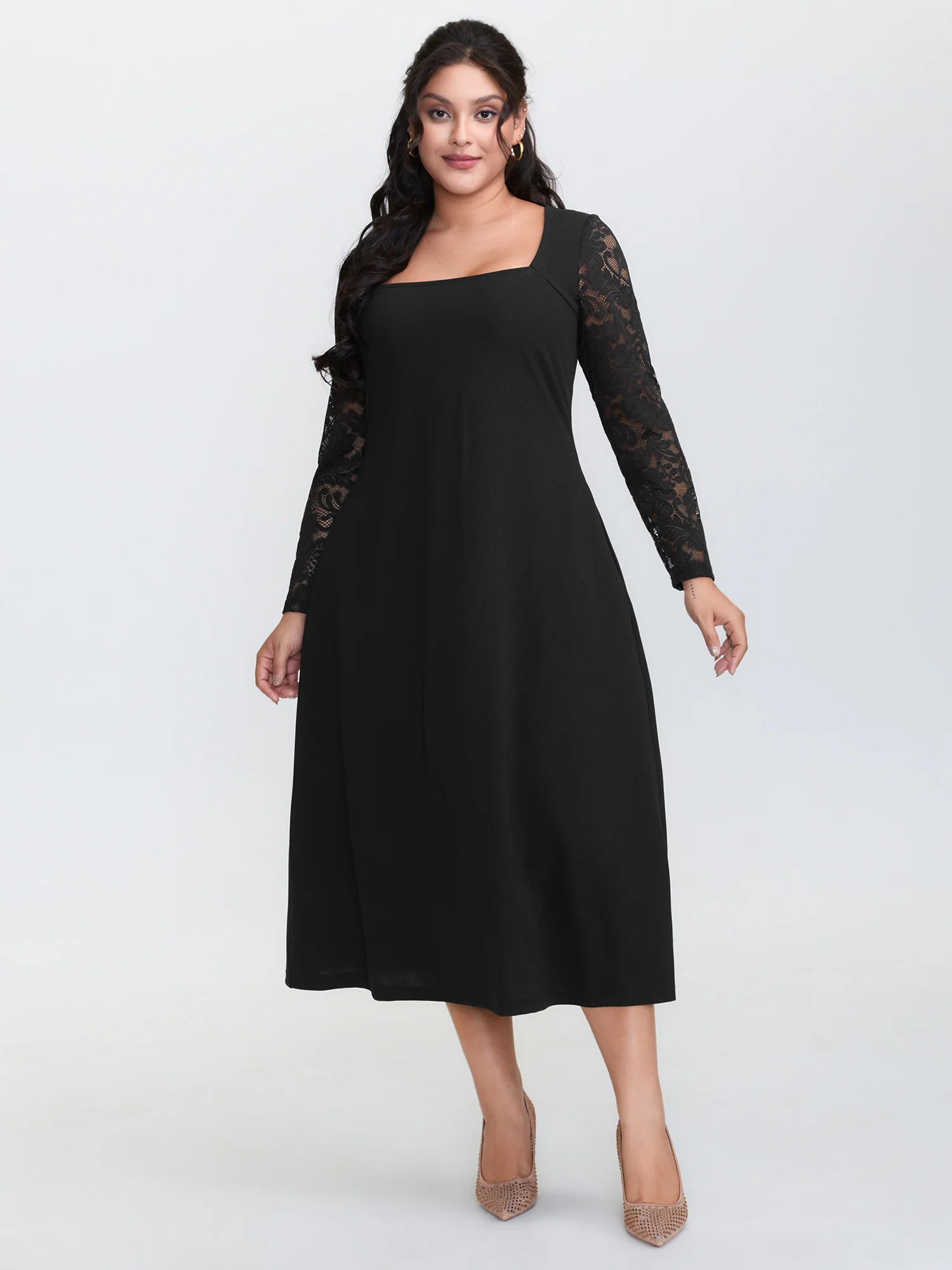 Sheer Floral Lace Fitted Midi Dress - Image 3