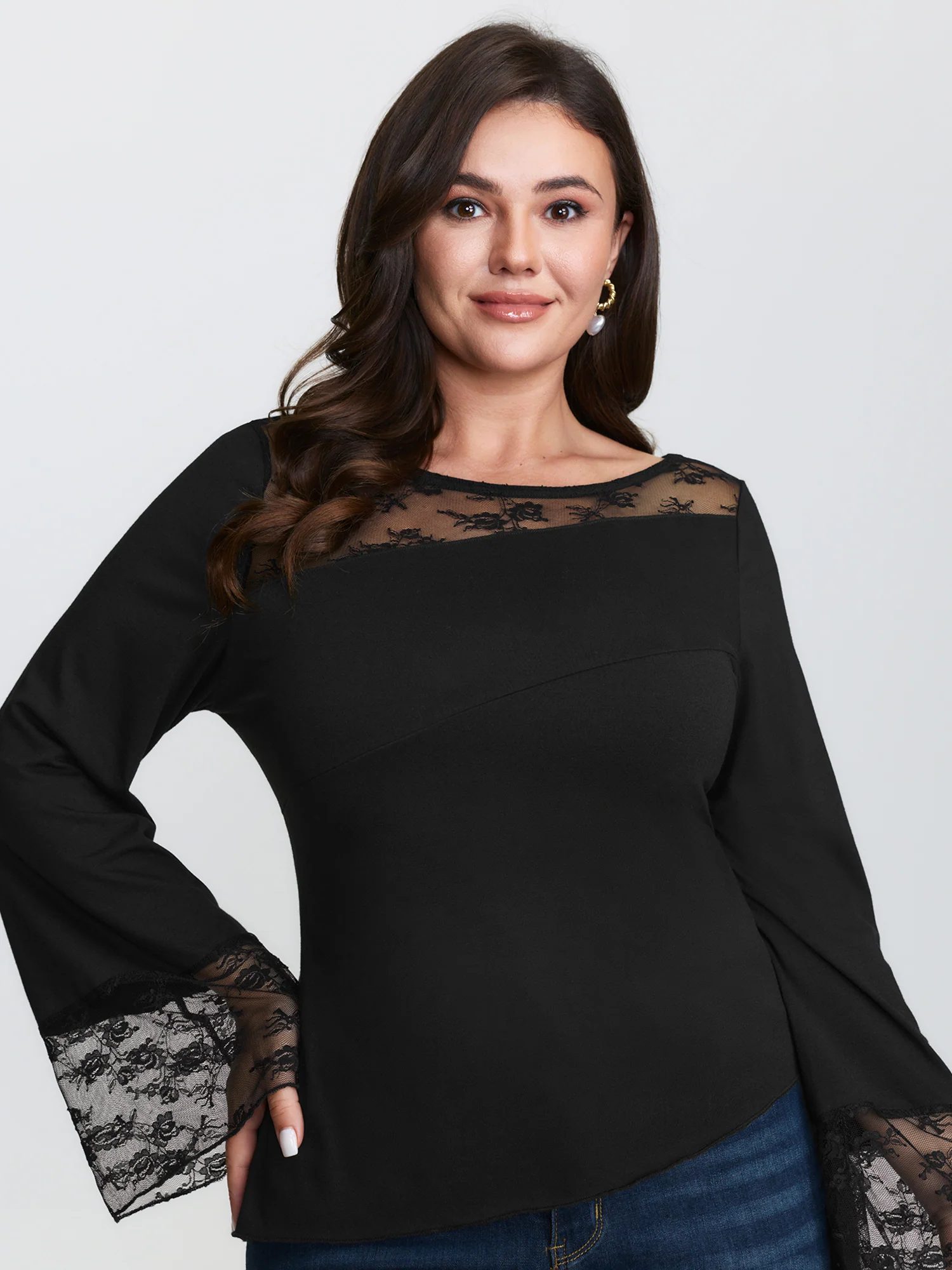 Sheer Floral Lace Trim Sheer T-Shirt - Image 2