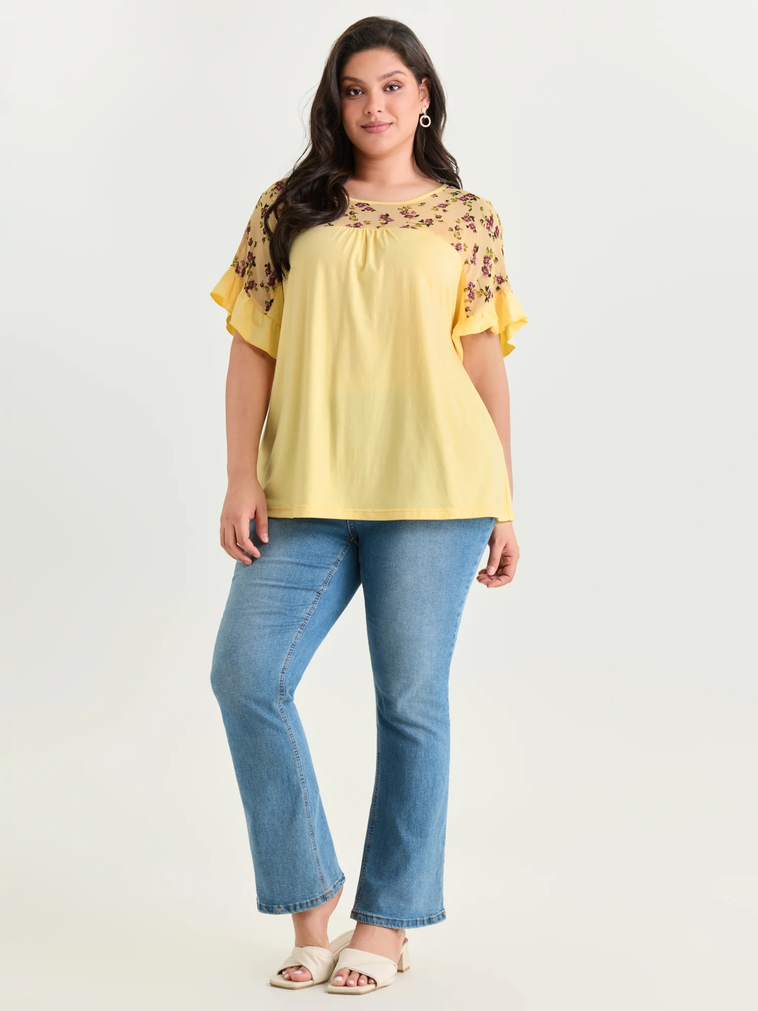 Sheer Floral Print Contrast Knit Top - Image 10