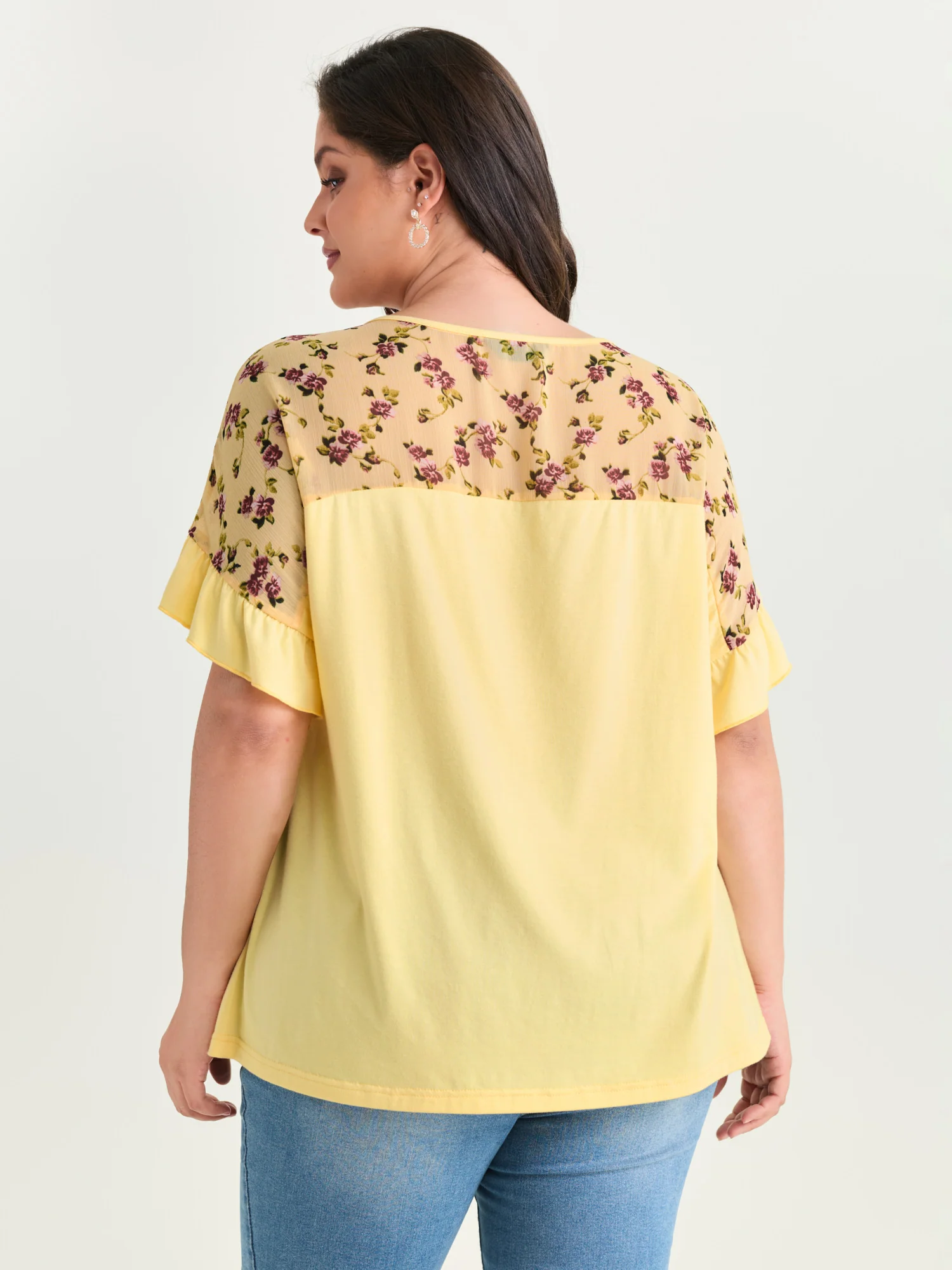Sheer Floral Print Contrast Knit Top - Image 11