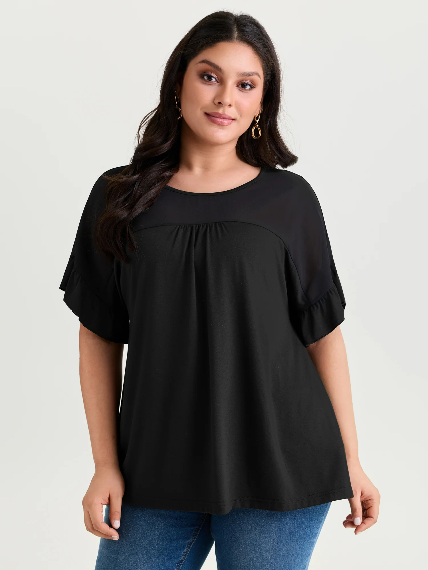 Sheer Floral Print Contrast Knit Top - Image 12