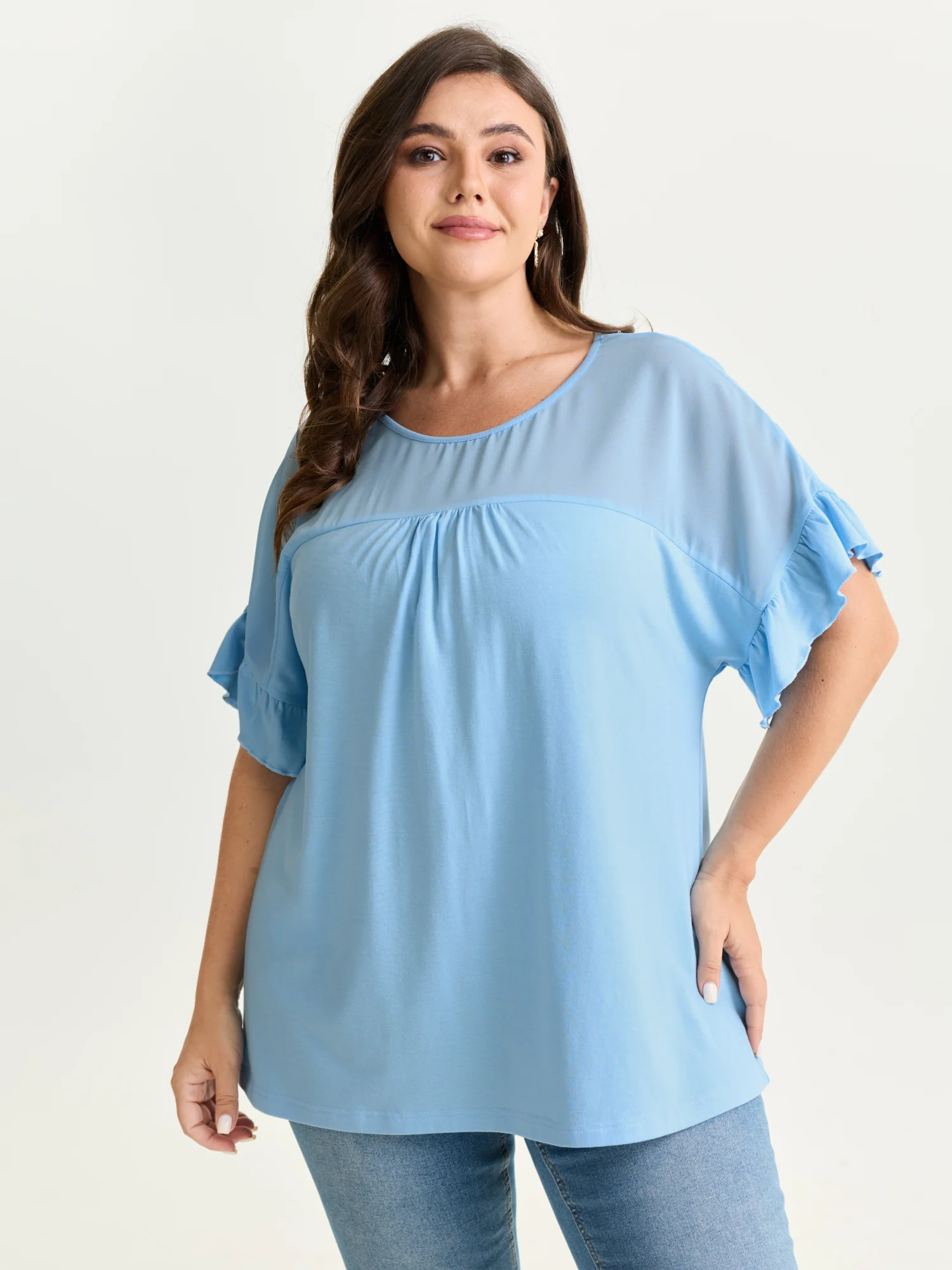 Sheer Floral Print Contrast Knit Top - Image 16