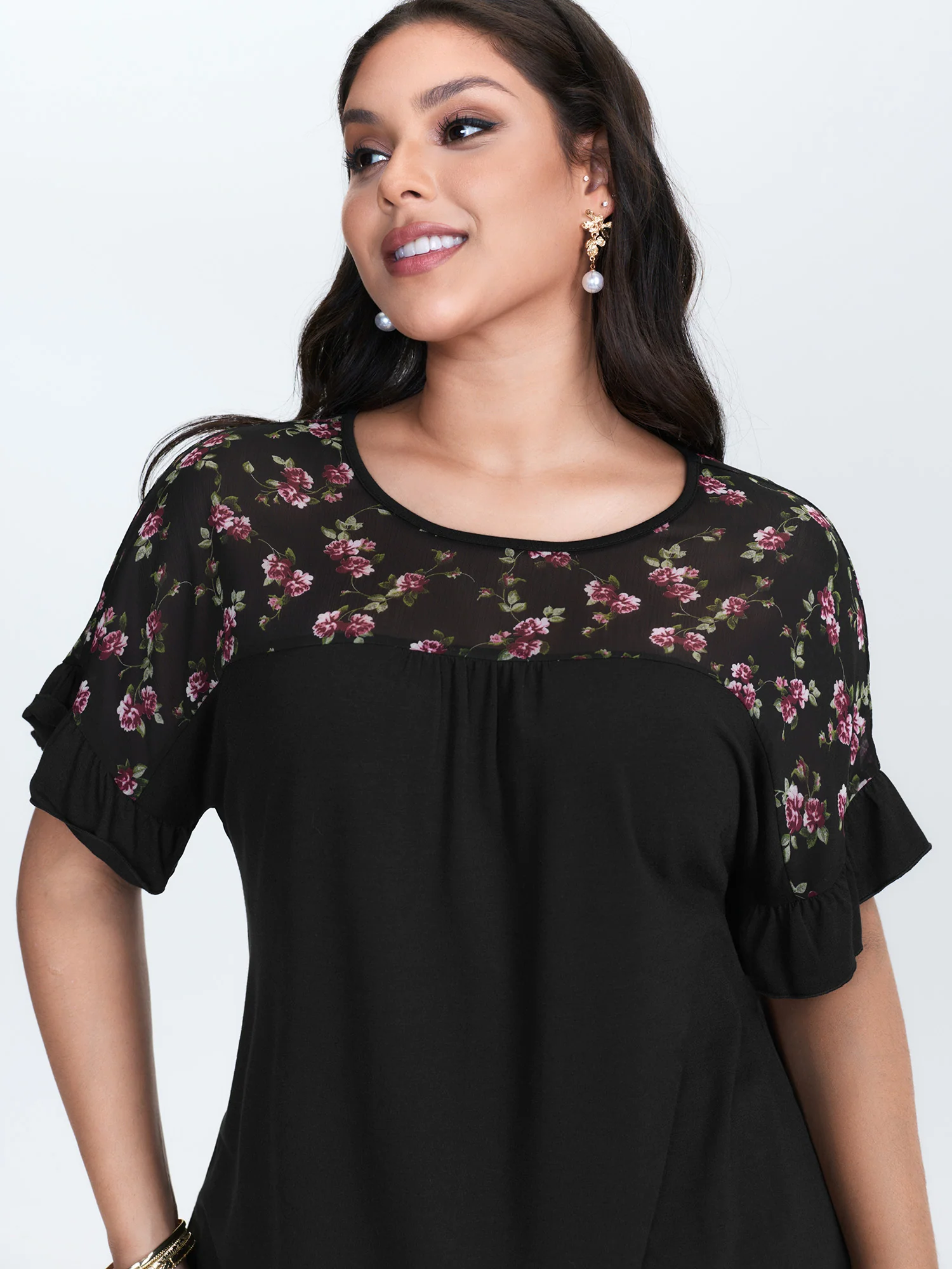 Sheer Floral Print Contrast Knit Top - Image 2