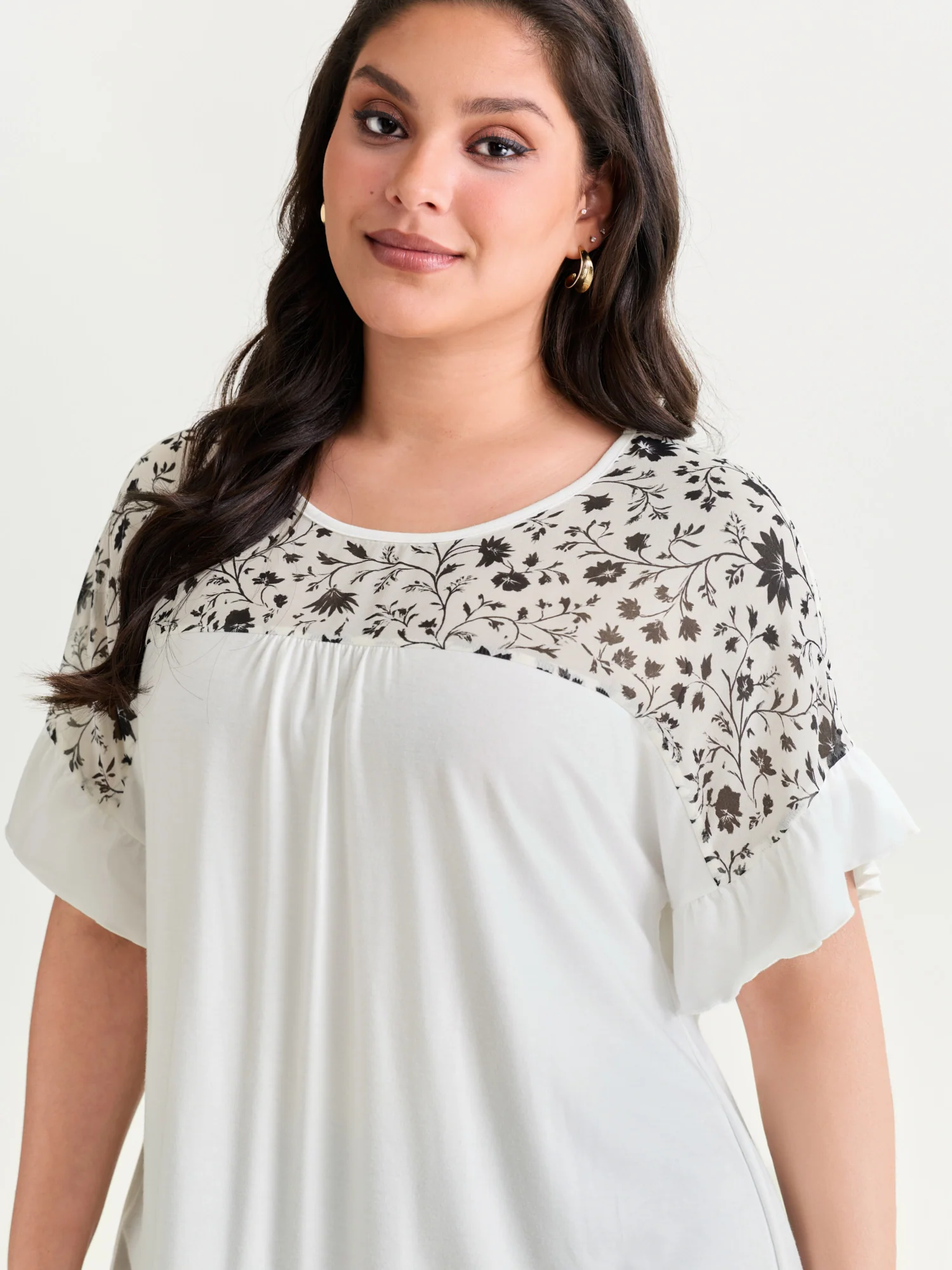 Sheer Floral Print Contrast Knit Top - Image 20