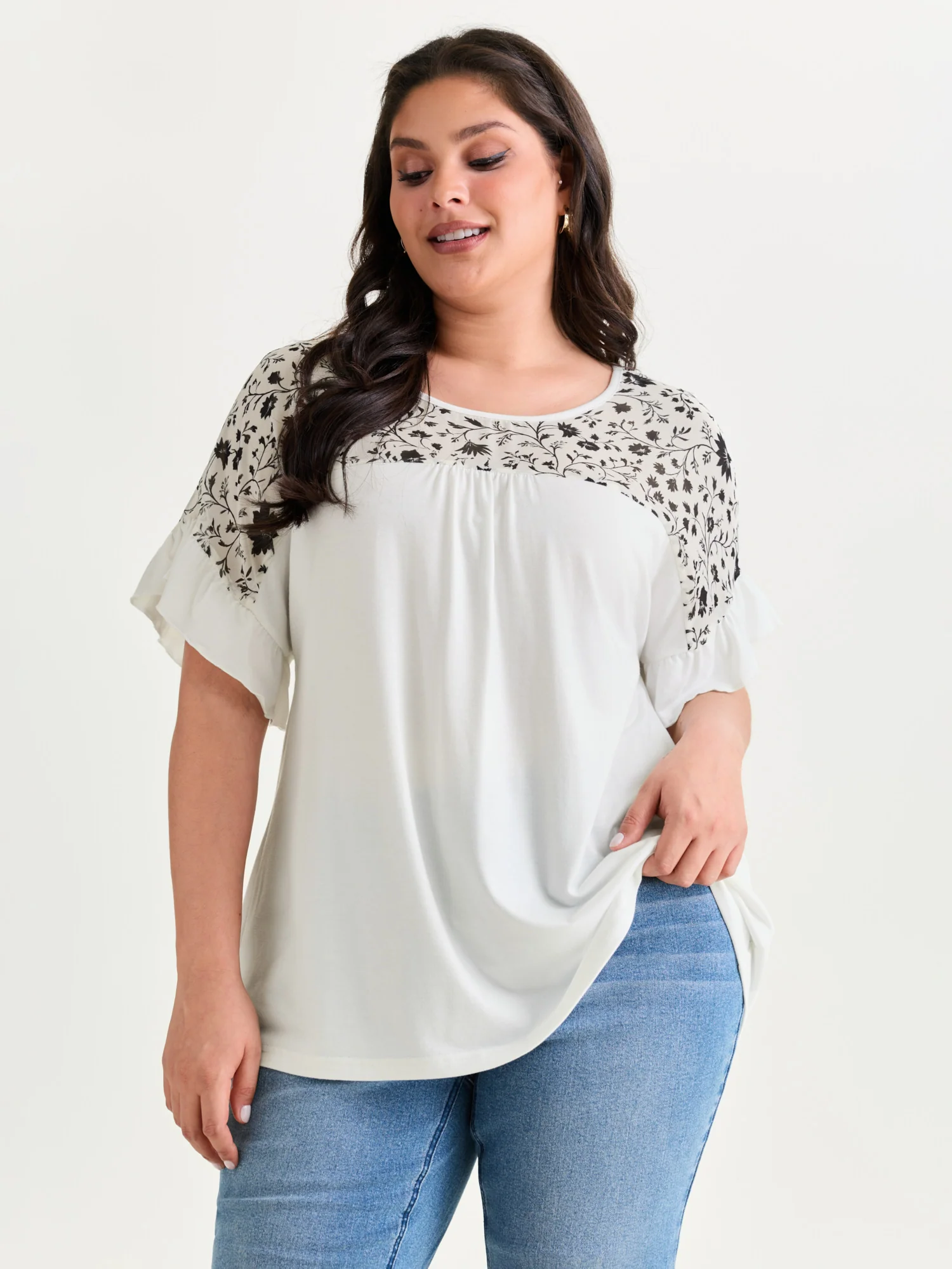 Sheer Floral Print Contrast Knit Top - Image 21