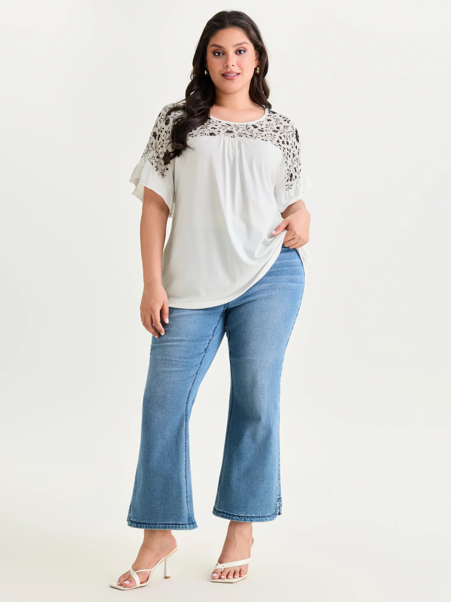 Sheer Floral Print Contrast Knit Top - Image 22
