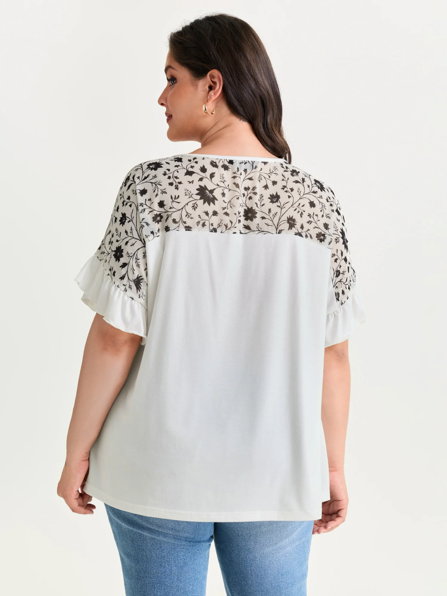 Sheer Floral Print Contrast Knit Top - Image 23