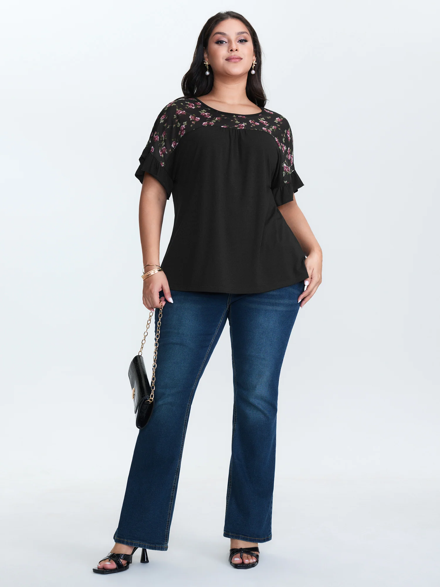 Sheer Floral Print Contrast Knit Top - Image 3