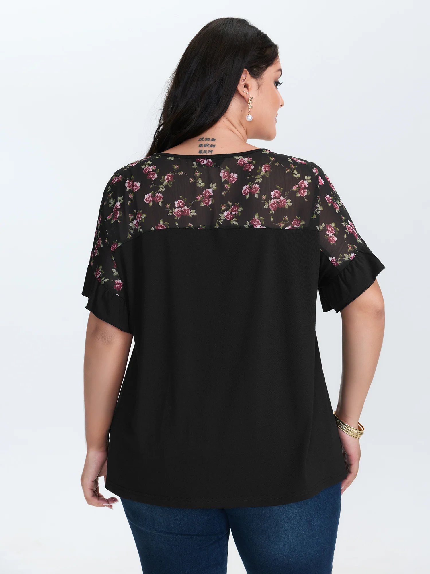Sheer Floral Print Contrast Knit Top - Image 4