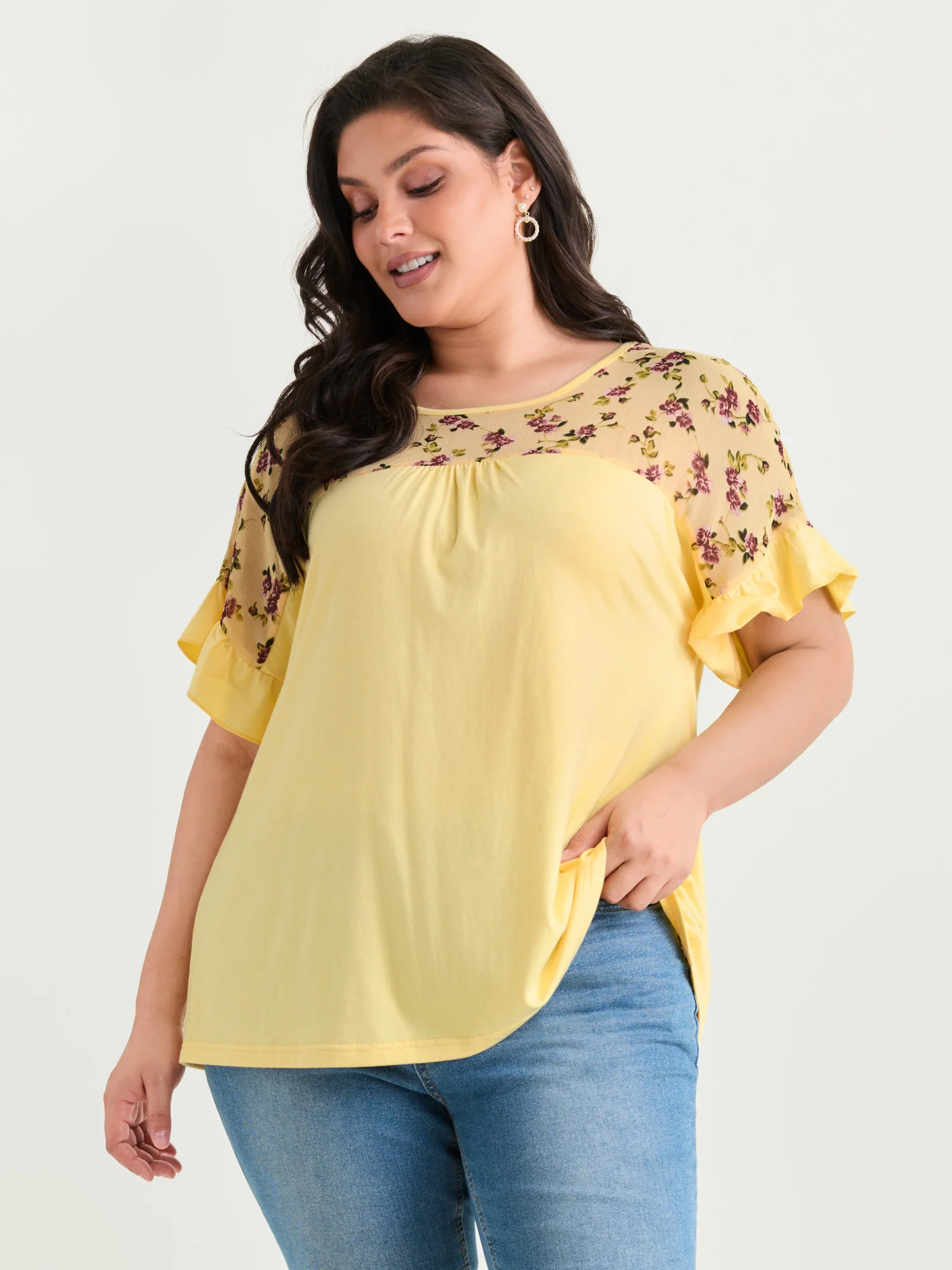 Sheer Floral Print Contrast Knit Top - Image 8
