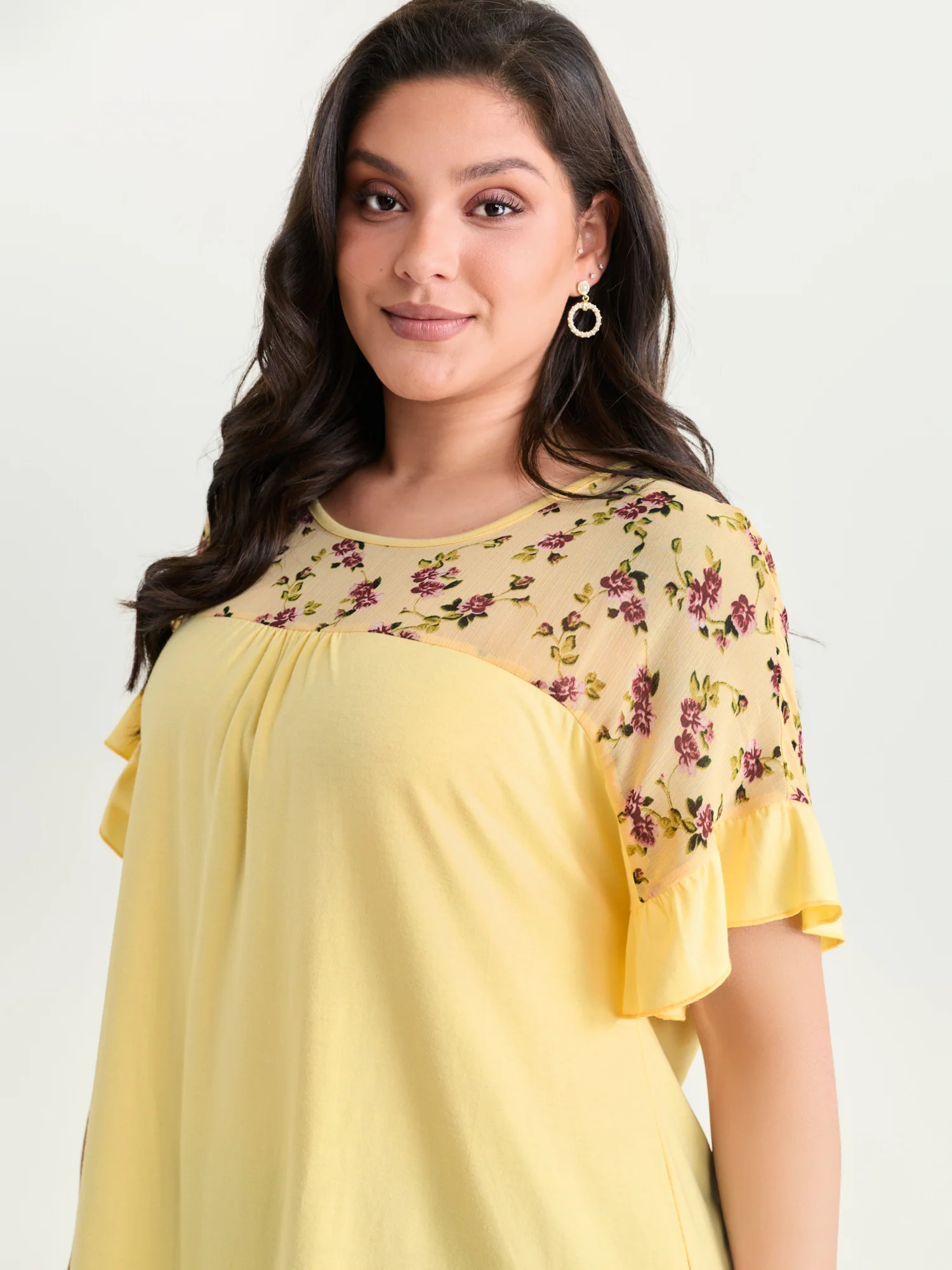 Sheer Floral Print Contrast Knit Top - Image 9