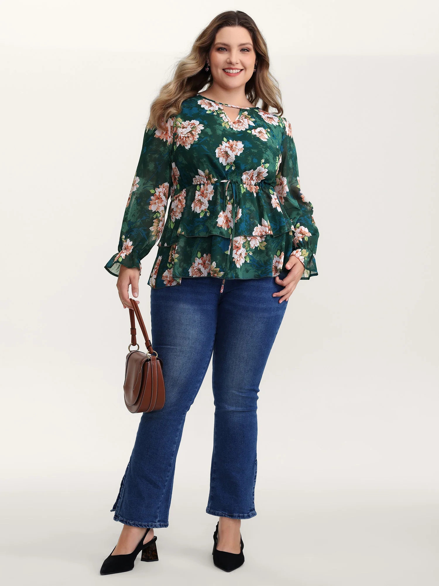 Sheer Floral Print Tie Flared Blouse - Image 3