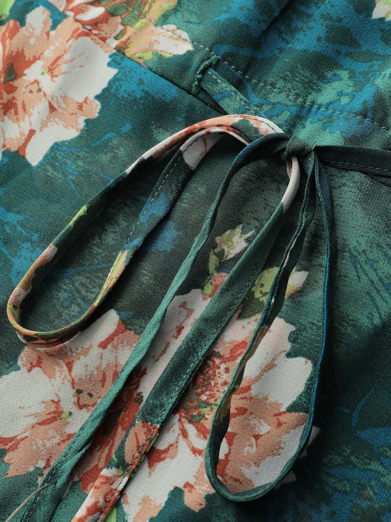 Sheer Floral Print Tie Flared Blouse - Image 5