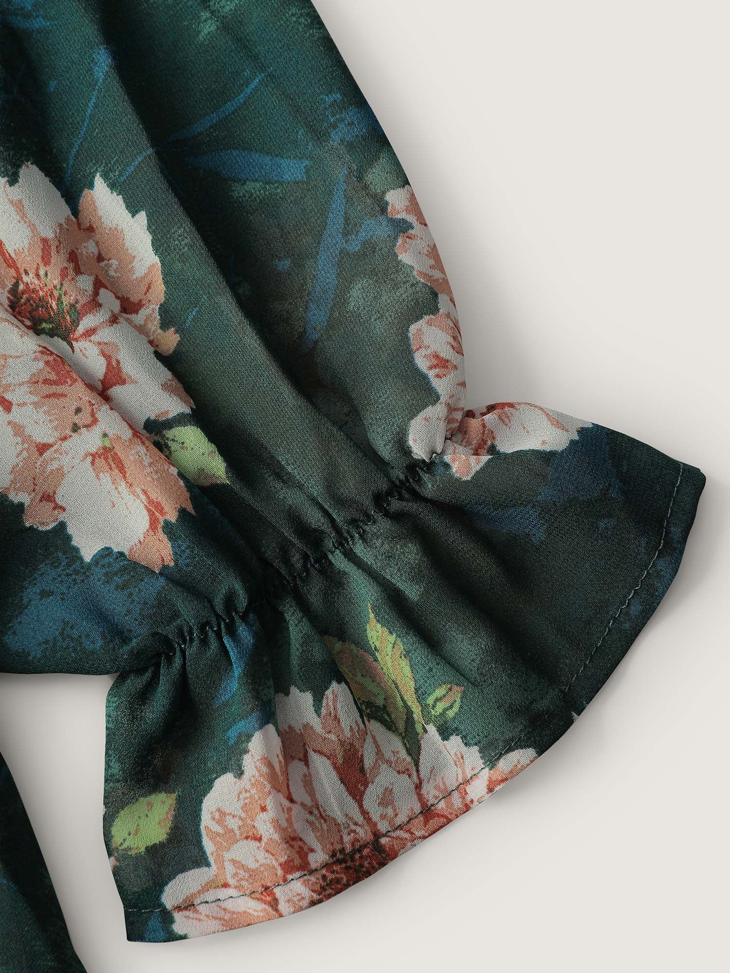 Sheer Floral Print Tie Flared Blouse - Image 6