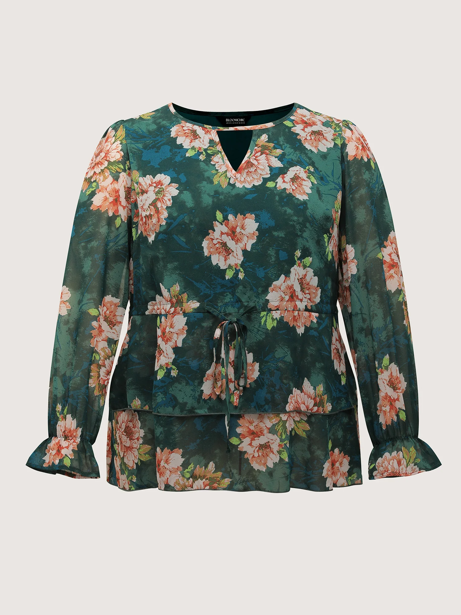 Sheer Floral Print Tie Flared Blouse - Image 7