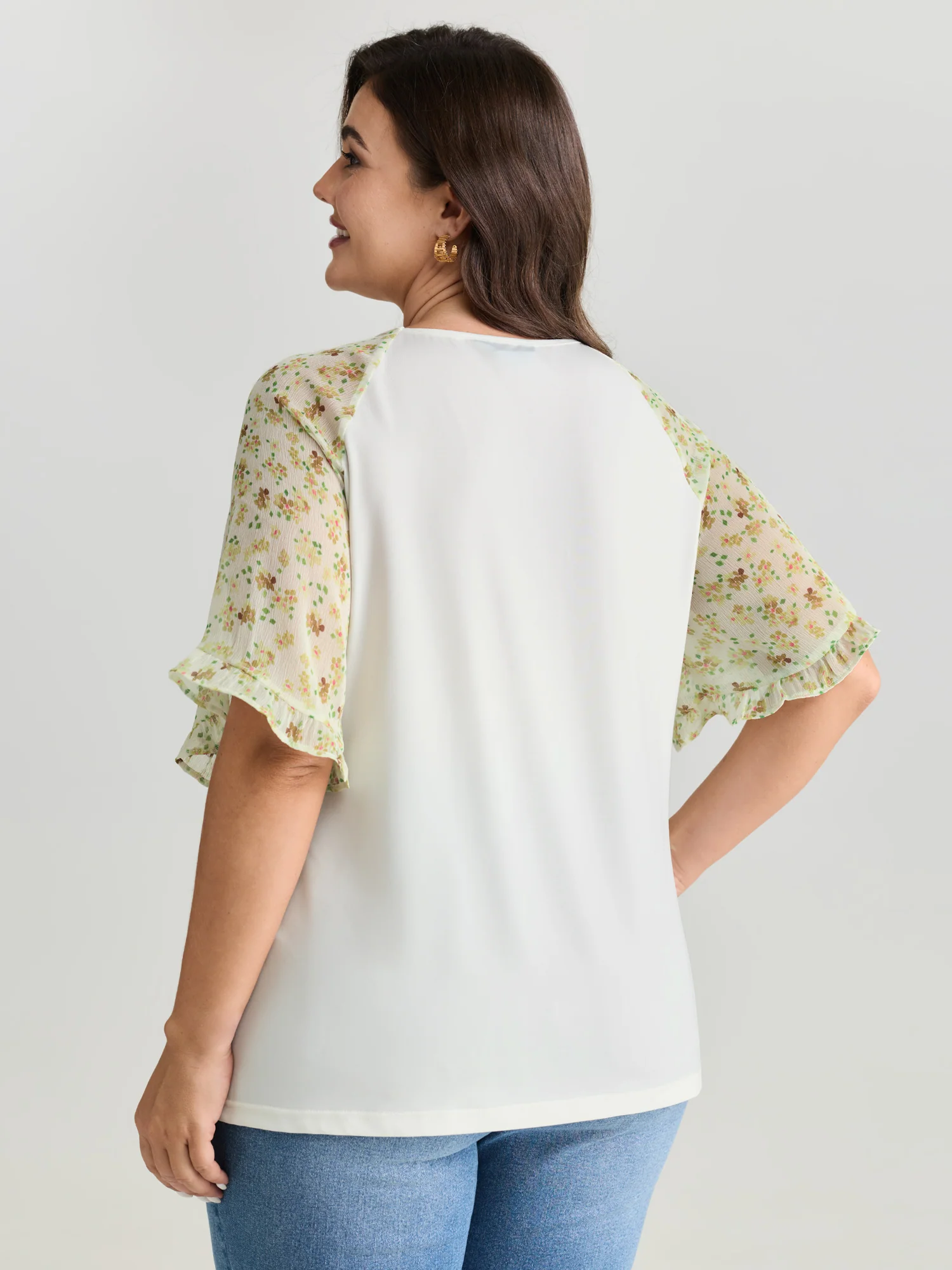 Sheer Floral Print Ruffled Cuff Sleeve Top - Image 10